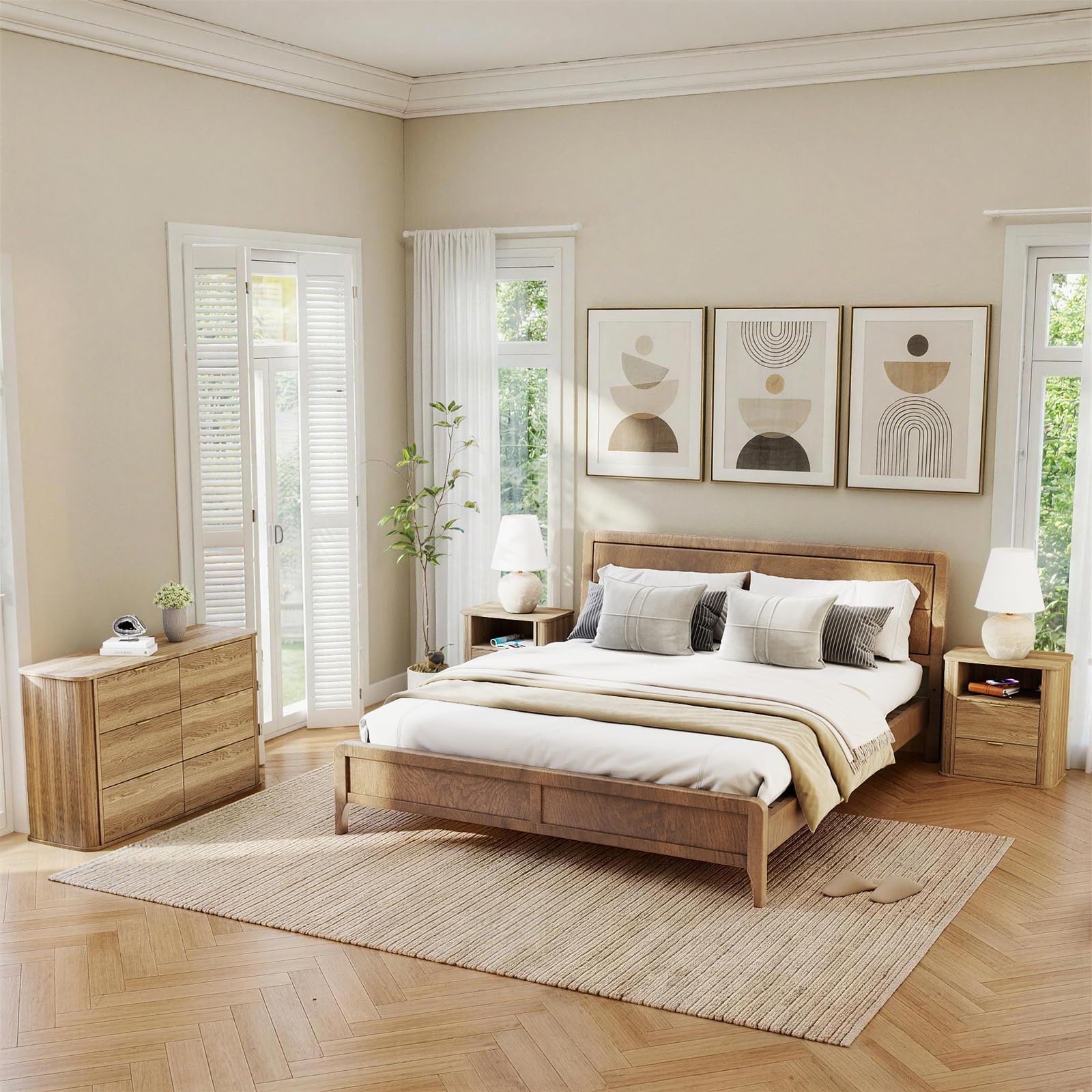 SOARMOTE 3-Piece Bedroom Furniture Set, Modern Fluted 6 Drawer Dresser & 2-Drawer Nightstands,Mid-Century Wood Storage Cabinet Set n for Bedroom, Hallway (Walnut)