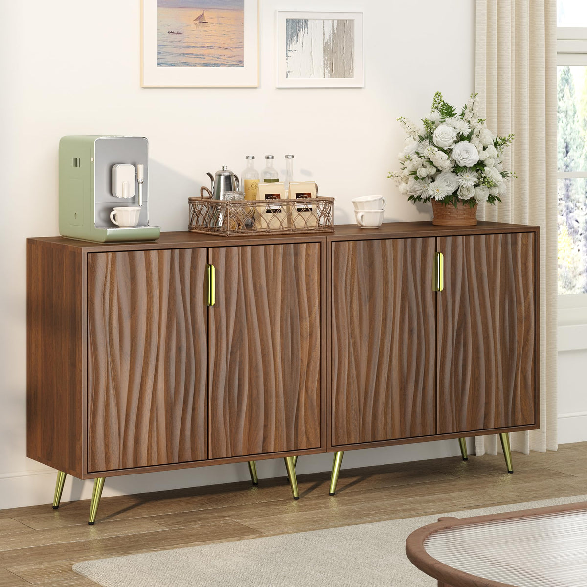 Dorivibe Sideboard Buffet Cabinet, 31.5" Walnut Storage Cabinet, Water Ripple Doors, 4-Tier Adjustable Shelves, 15.6" Deep Mid-Century Accent Cabinet for Dining Room, Living Room, Entryway