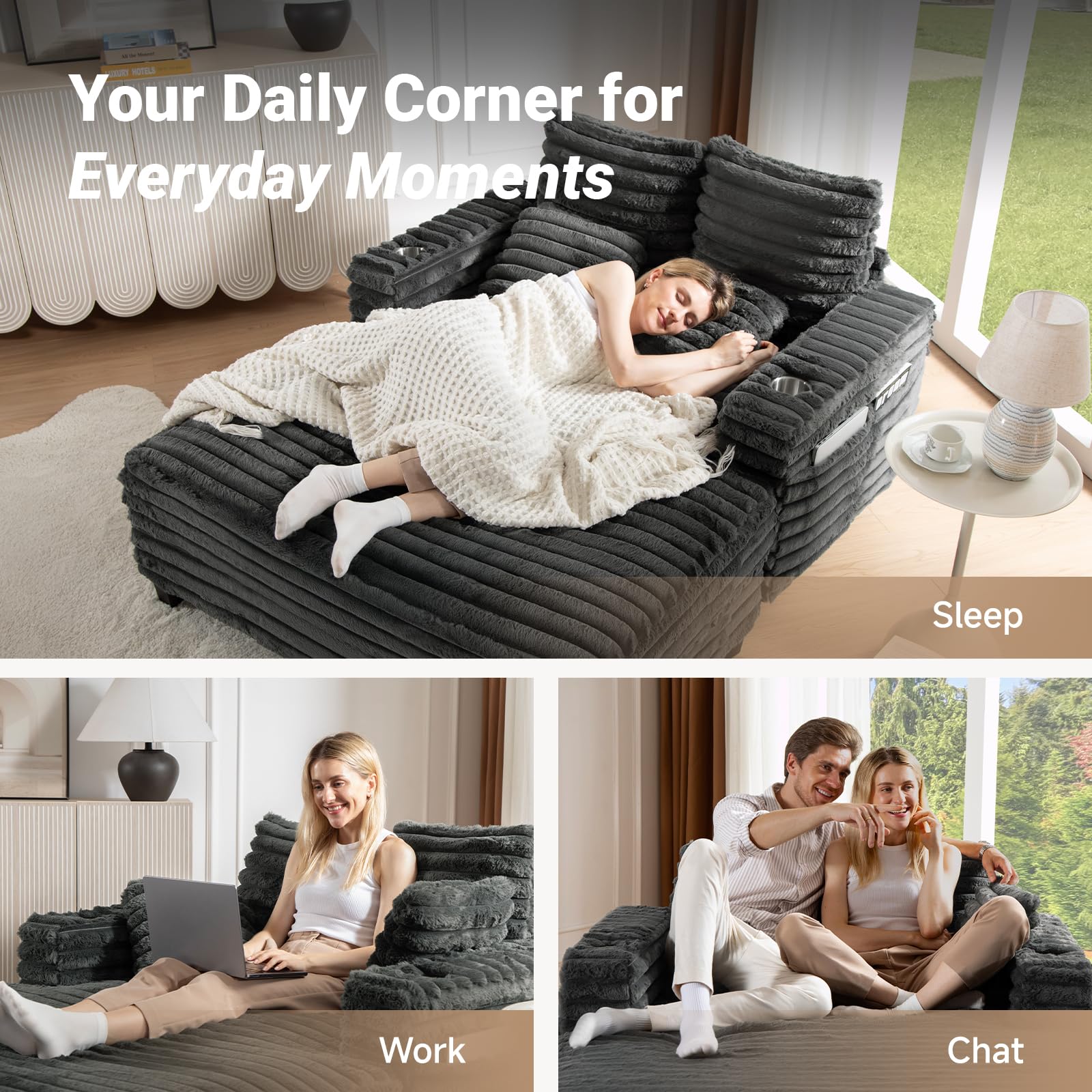 Oversized Chaise Lounge Chair with Cup Holders & Storage