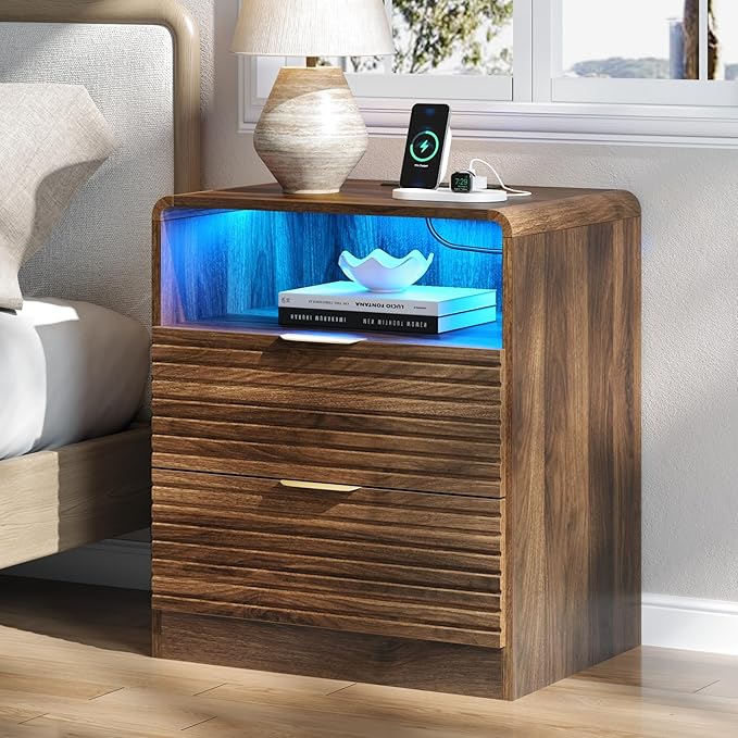 Fluted Nightstand with Charging Station & LED Lights