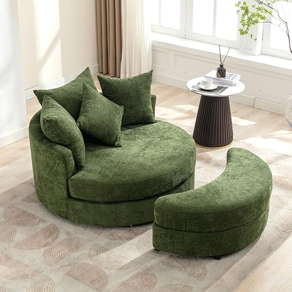 Chenille Swivel Chair with Storage Ottoman