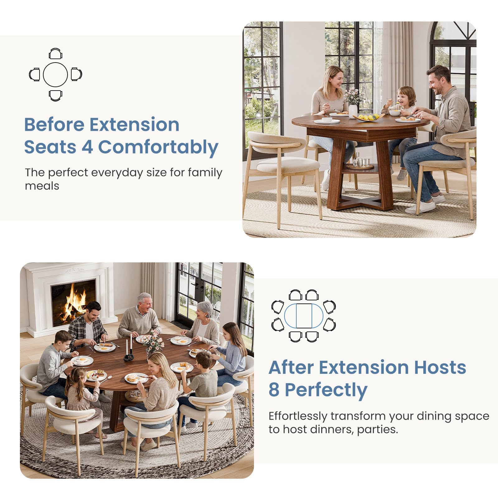 DUMOS Extendable Round Dining Table for 4-8, Modern Kitchen Oval Dinner Table with Storage Shelf, Wood Pedestal Table, Space Saving Modern Style, Brown