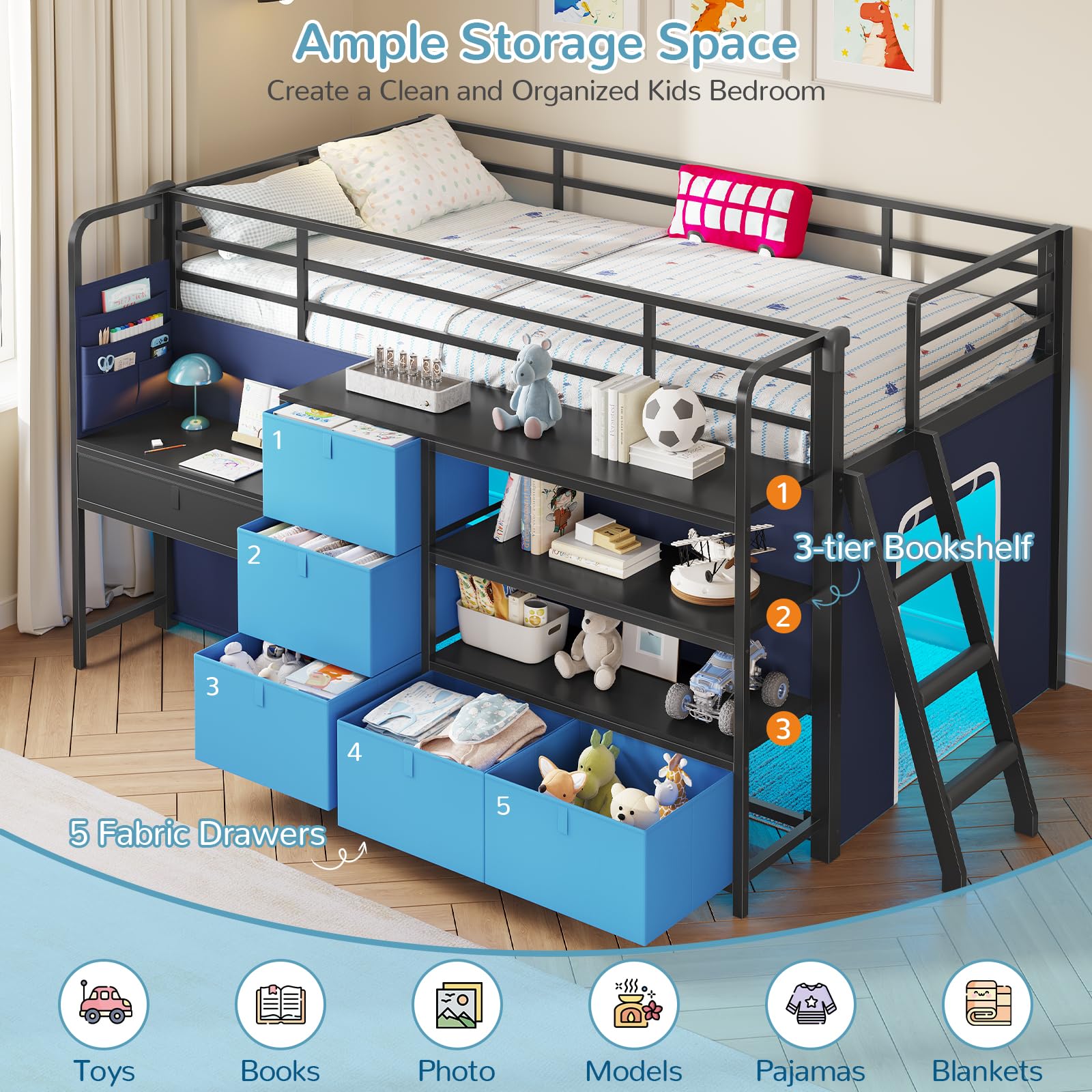 Kids Twin Low Loft Bed with Desk, Storage & LED Play Tent