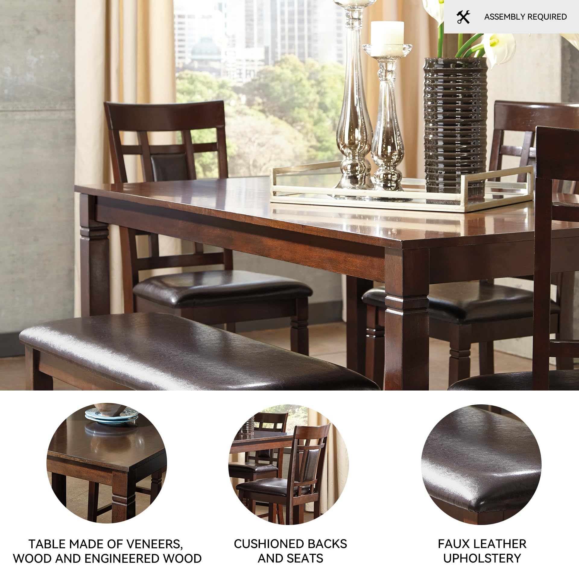 Signature Design by Ashley Bennox 6 Piece Dining Set with Upholstered Bench, Table & 4 Upholstered Chairs, Seats 6, Wood, Brown