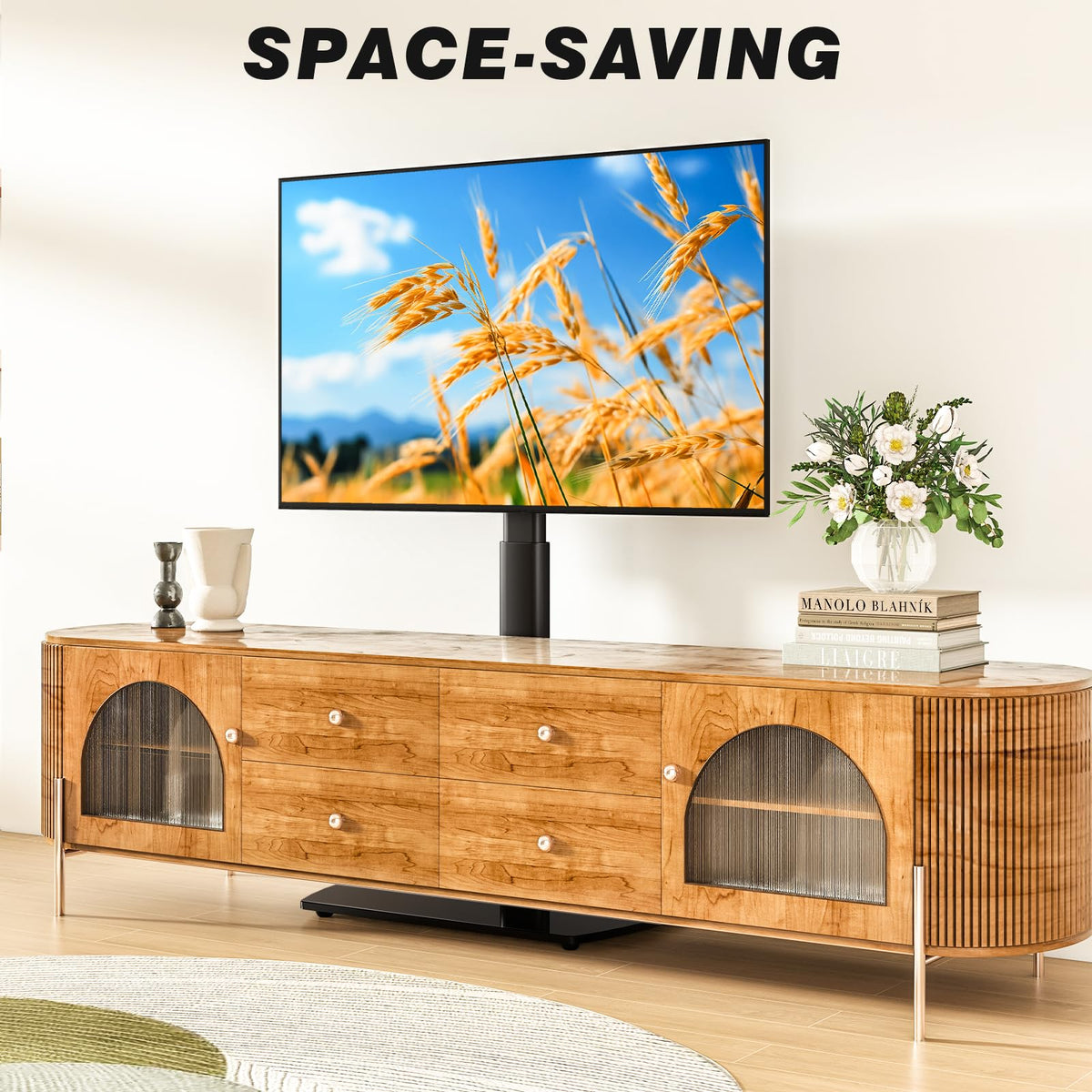 YOMT Universal TV Floor Stand with Mount for 27-70 Inch LCD LED OLED TVs, Swivel Height Adjustable Tall TV Stand, Space Saving Design for Corner Bedroom Living Room, Black