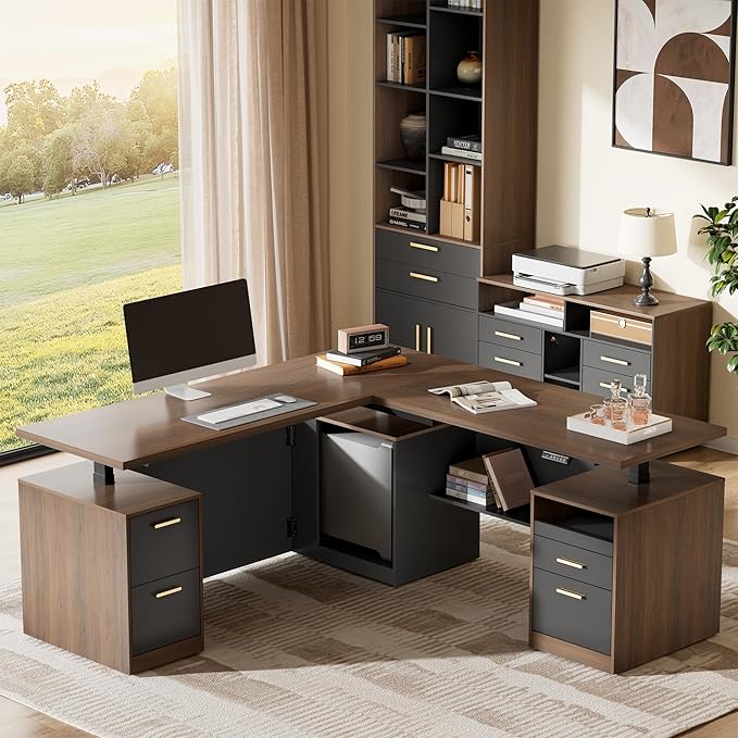 L-Shaped Electric Standing Desk with Drawers & Privacy Panel