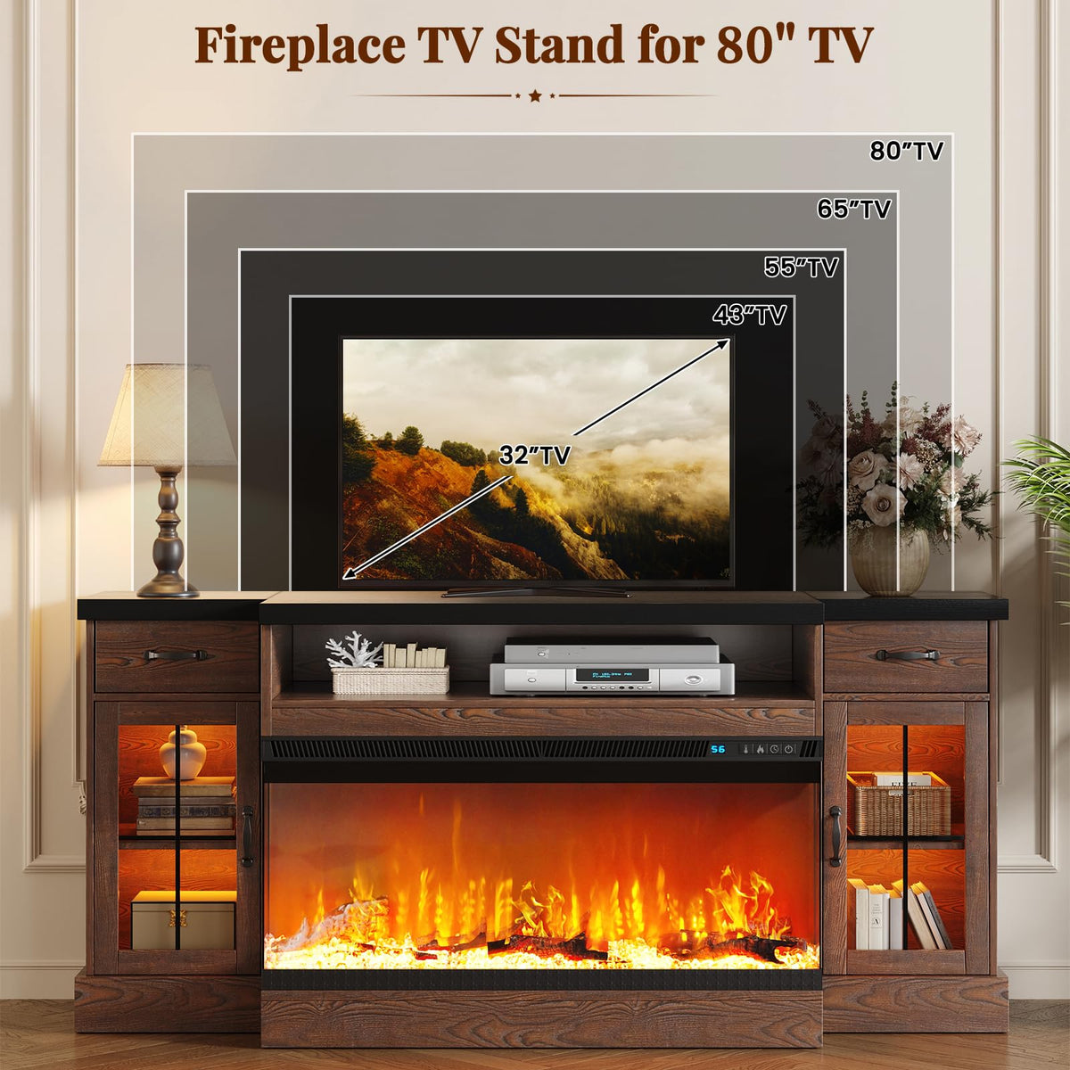 4 EVER WINNER 70-Inch Fireplace TV Stand for TVs Up to 80 Inches, Brown