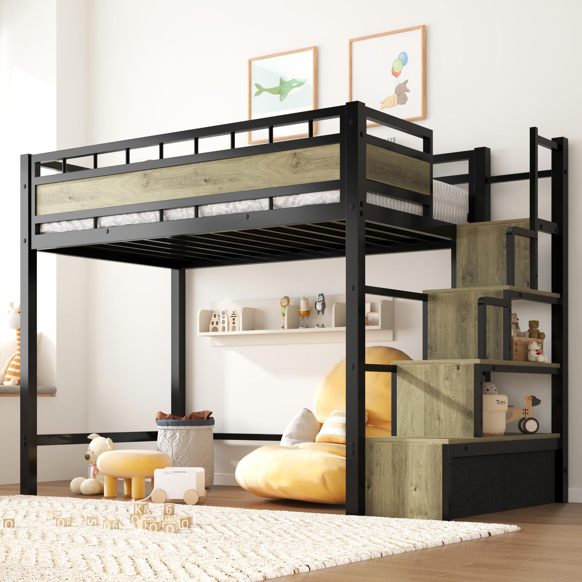 Twin Metal Loft Bed with Stairs & Storage Drawers