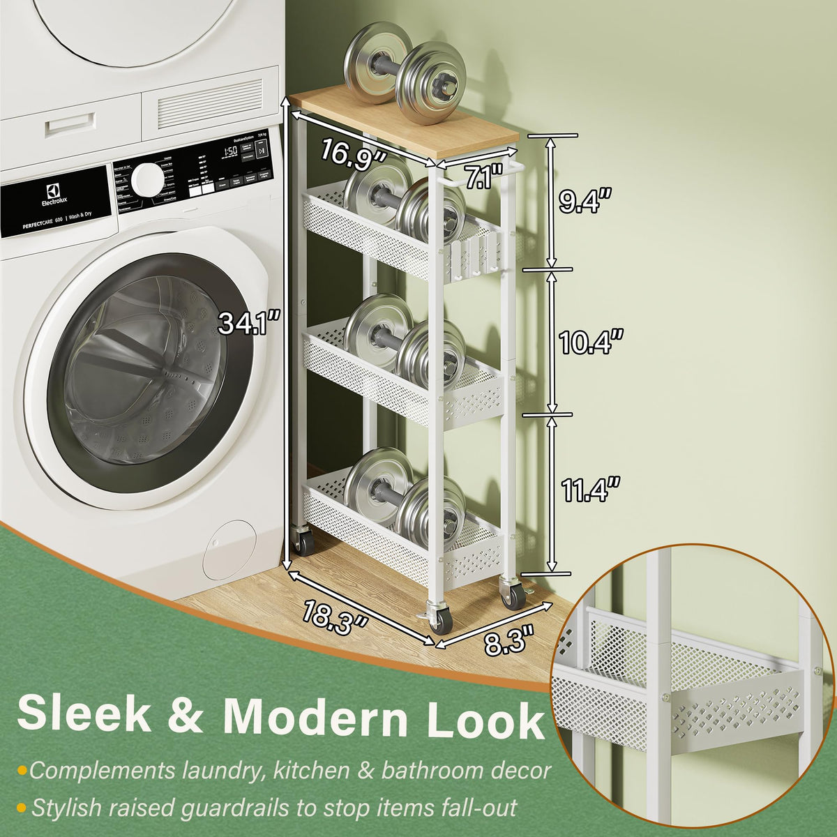 OKZEST Slim Laundry Room Organization Cart with Upgraded Metal Hub Casters