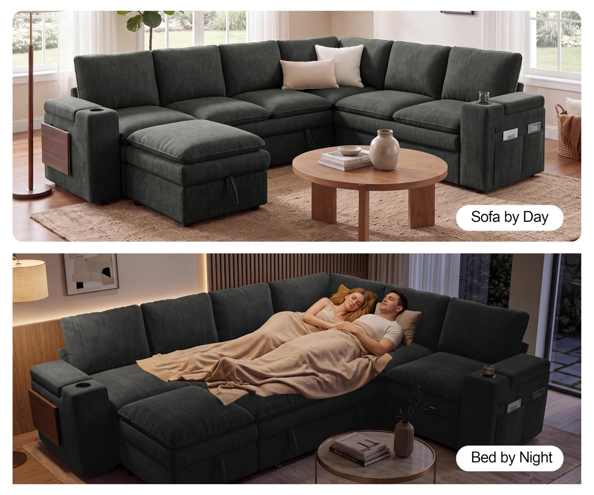 Vipbear Modular Sectional Cloud Sofa with Pull Out Bed,Sleeper Couch,Gray
