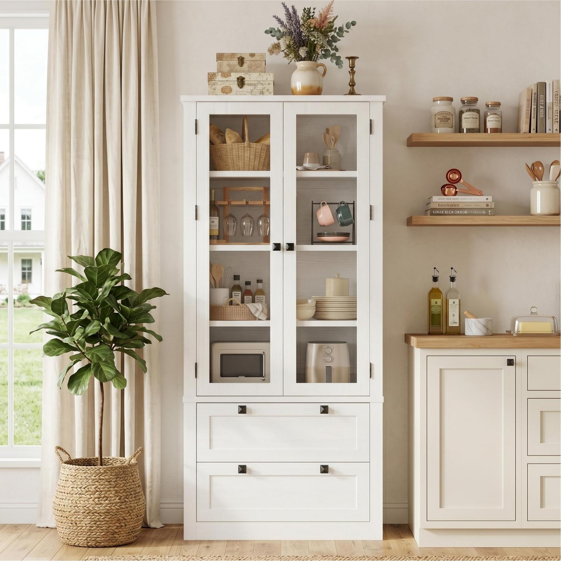 71" Tall Kitchen Pantry Cabinet - Modern Display Storage Cabinet with 2 Large Drawers, Glass Doors, and Adjustable Shelves, Farmhouse Kitchen Cupboard for Dining Room, Bathroom, Living Room, White