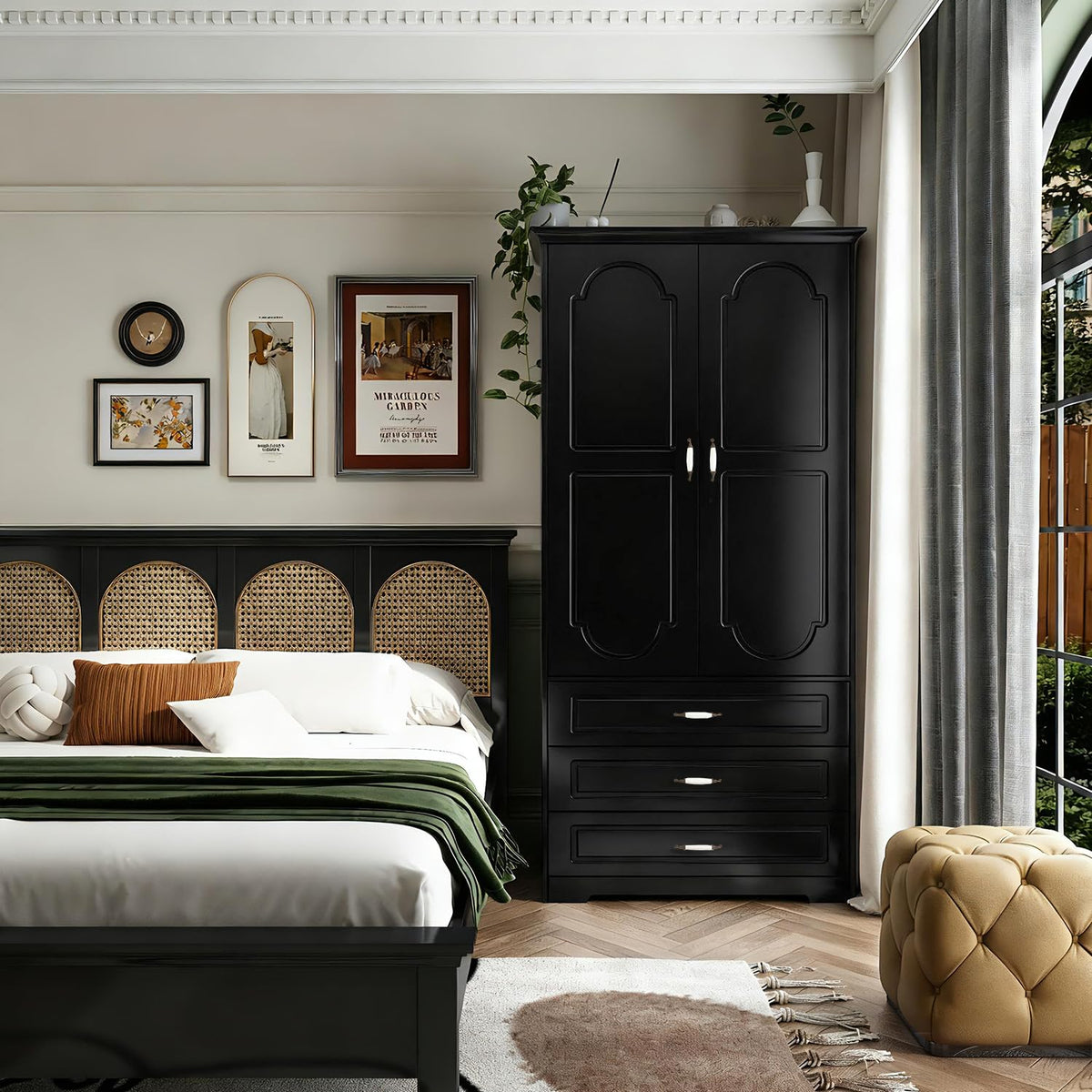 FJTJBSI 72" Wooden Armoire Wardrobe Closet with LED Bedroom Armoire with 3 Drawers and Retro Ceramic Handles Modern Wardrobe Cabinet with Removable Hanging Rod Black