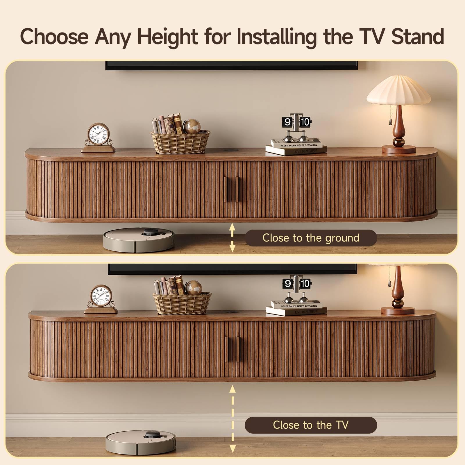 63" Floating TV Stand with Power Outlet for TVs up to 75", Fluted Entertainment Center with Remote Control for LED Lights, Mid-Century Modern TV Console w/Sliding Door for Living Room, Bedroom Walnut