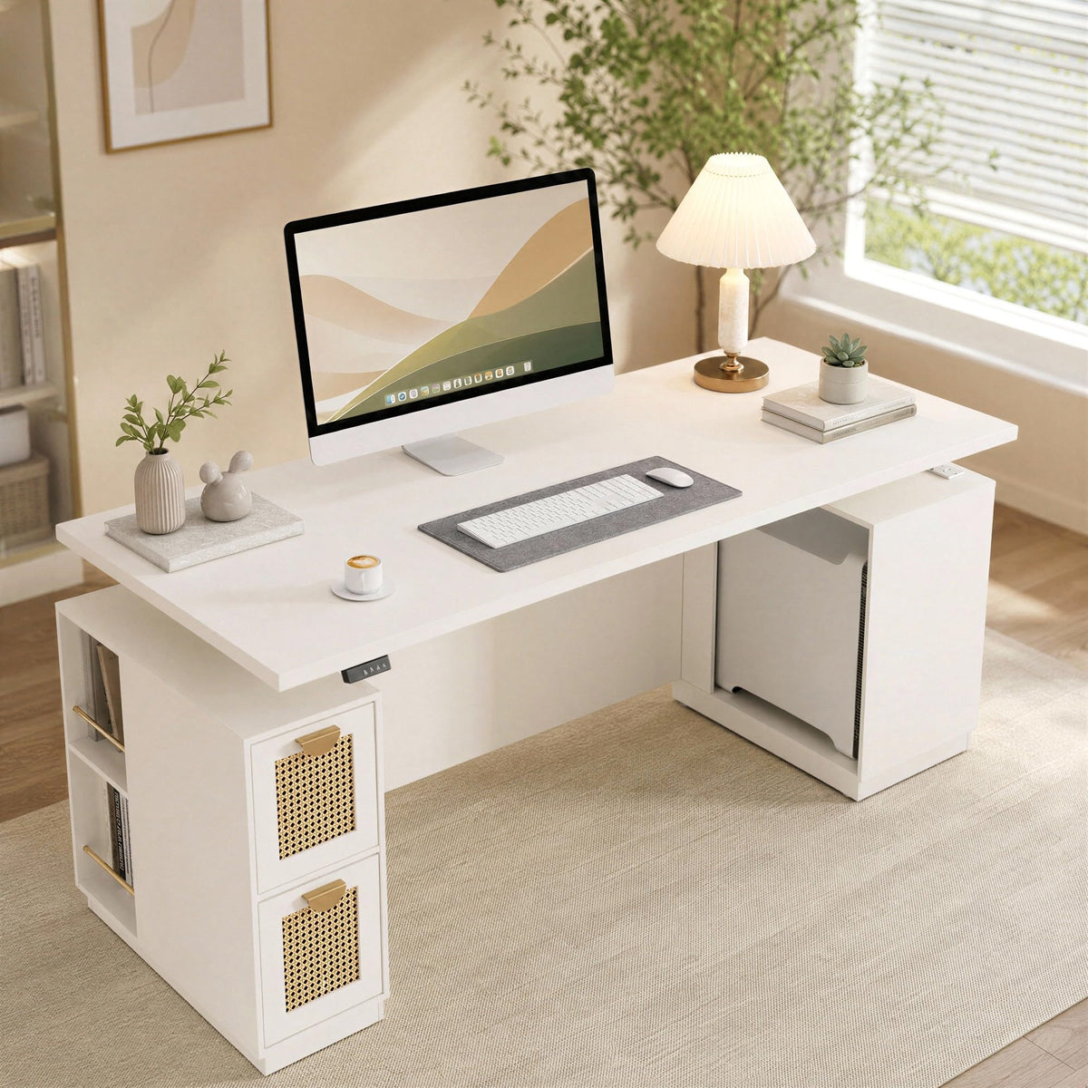 Rattan Standing Desk with Storage
