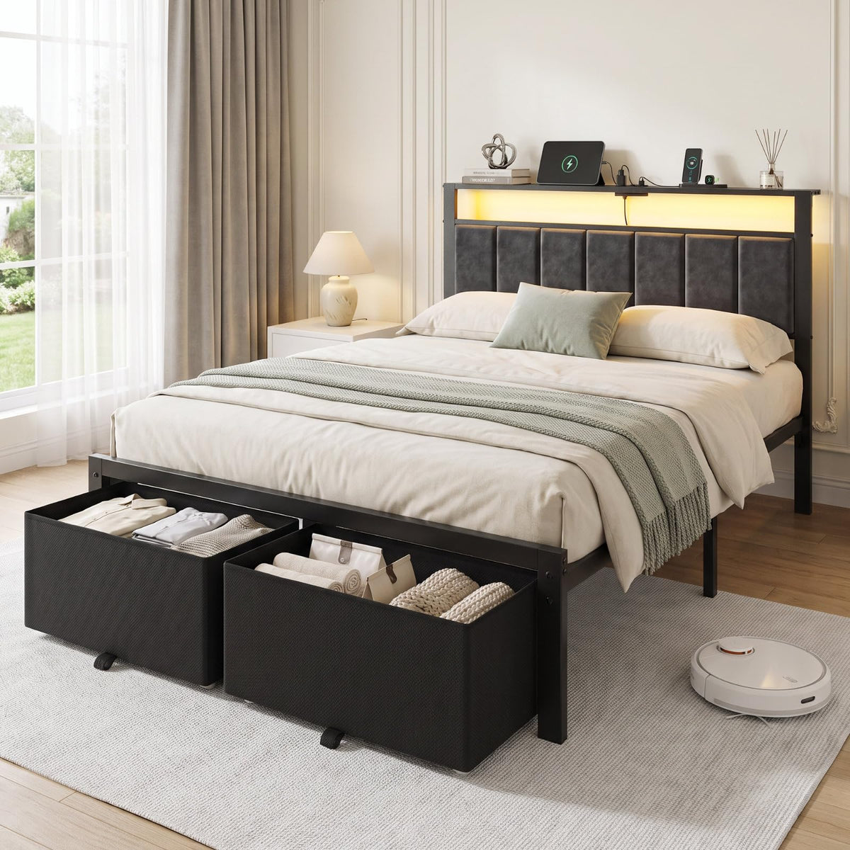 Kbun Full Size Bed Frame with Upholstered Headboard and 2 Storage Drawers