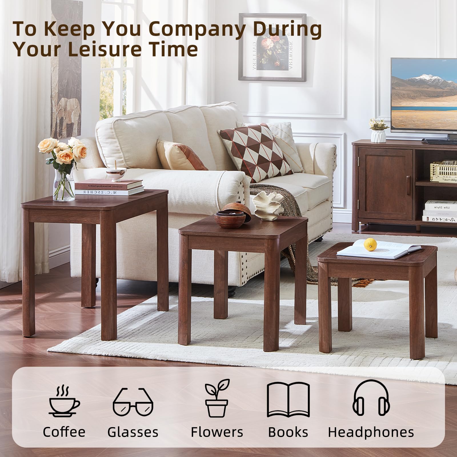 Farmhouse Nesting Coffee Tables Set of 3 – Solid Wood, Rounded Corners