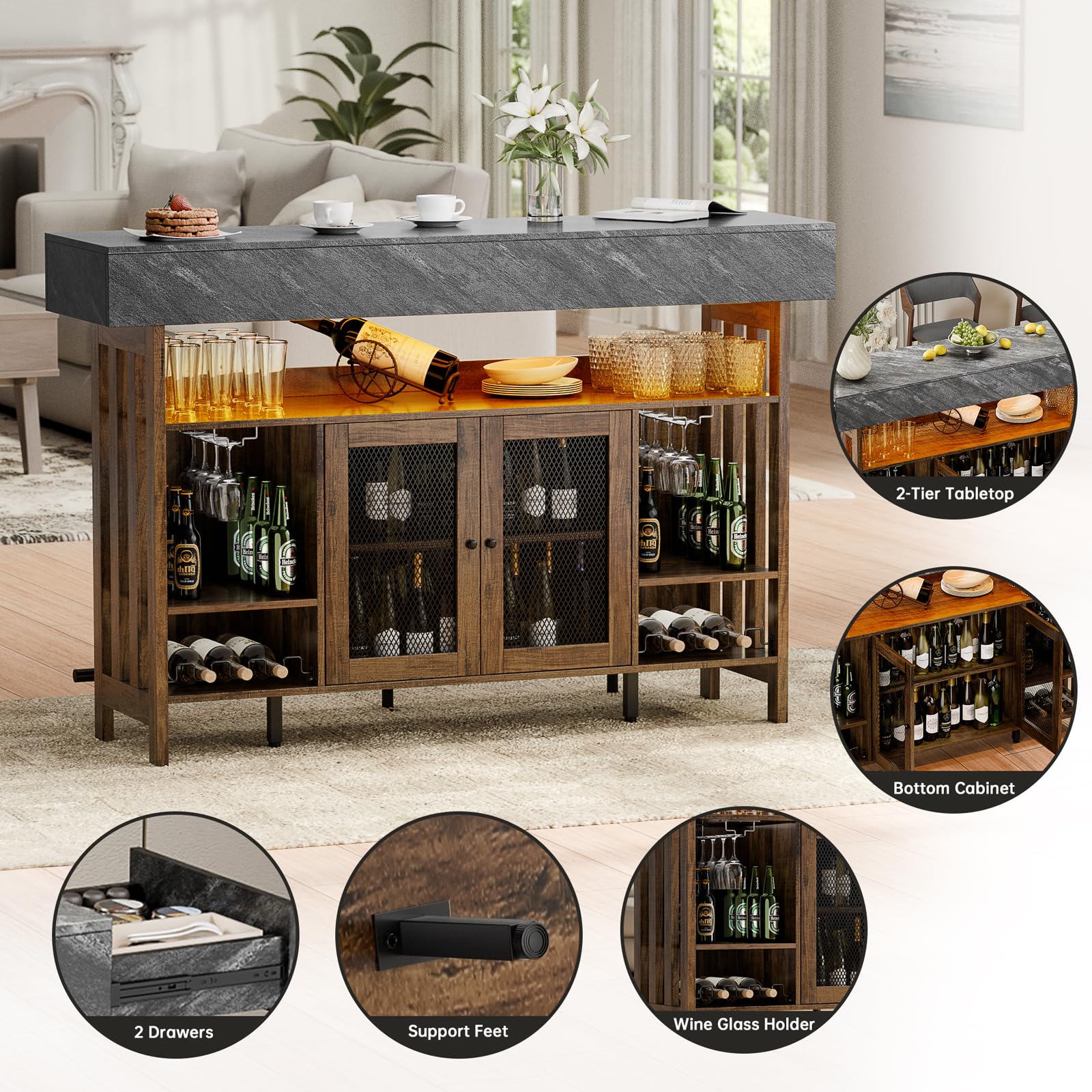 Bar Table Cabinet with LED Lights & Wine Storage