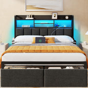 Upholstered Bed Frame with Storage Drawers, Charging Station & LED Lights
