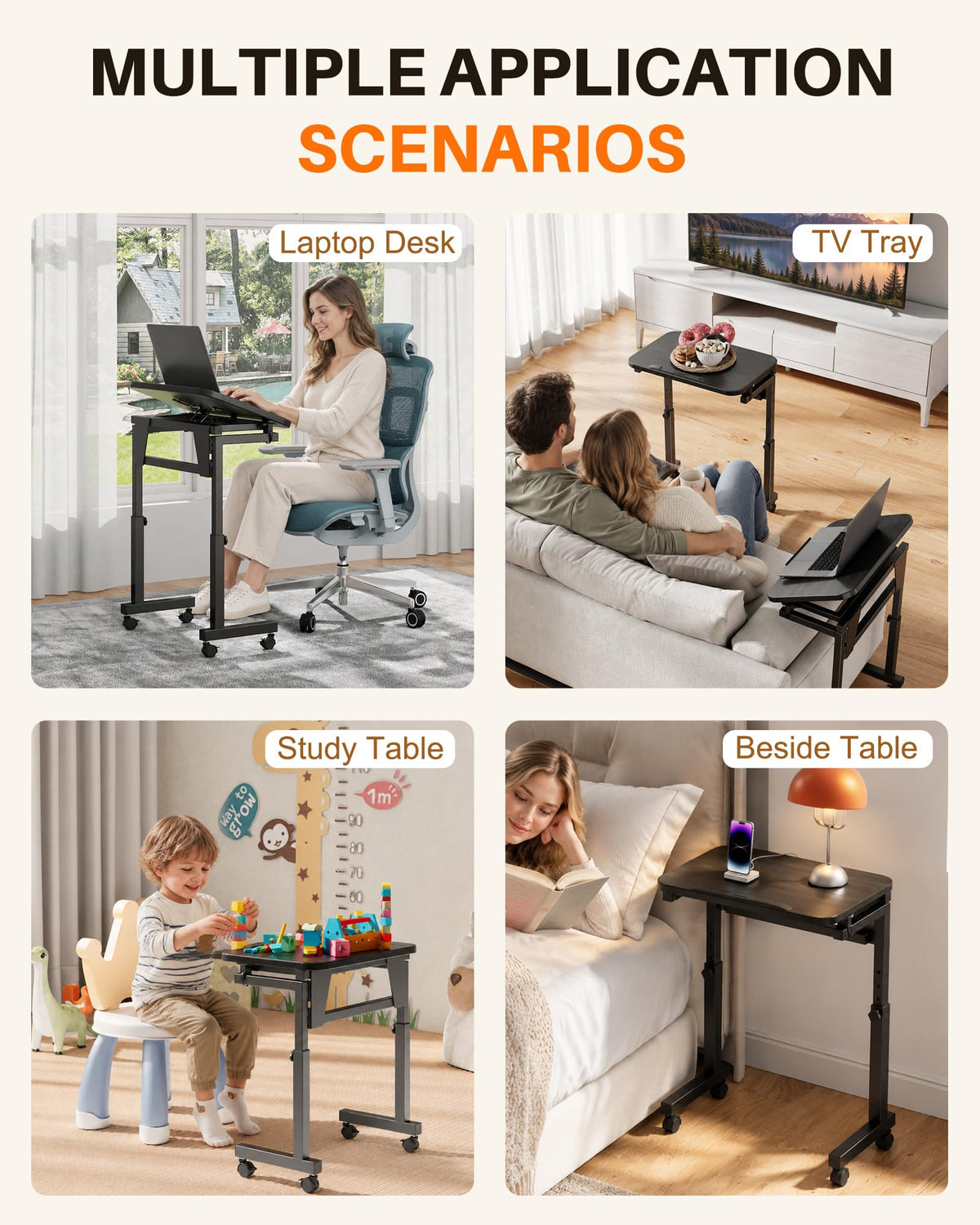 Forjarn Folding TV Tray Table with Wheels, Sturdy TV Dinner Tray for Couch