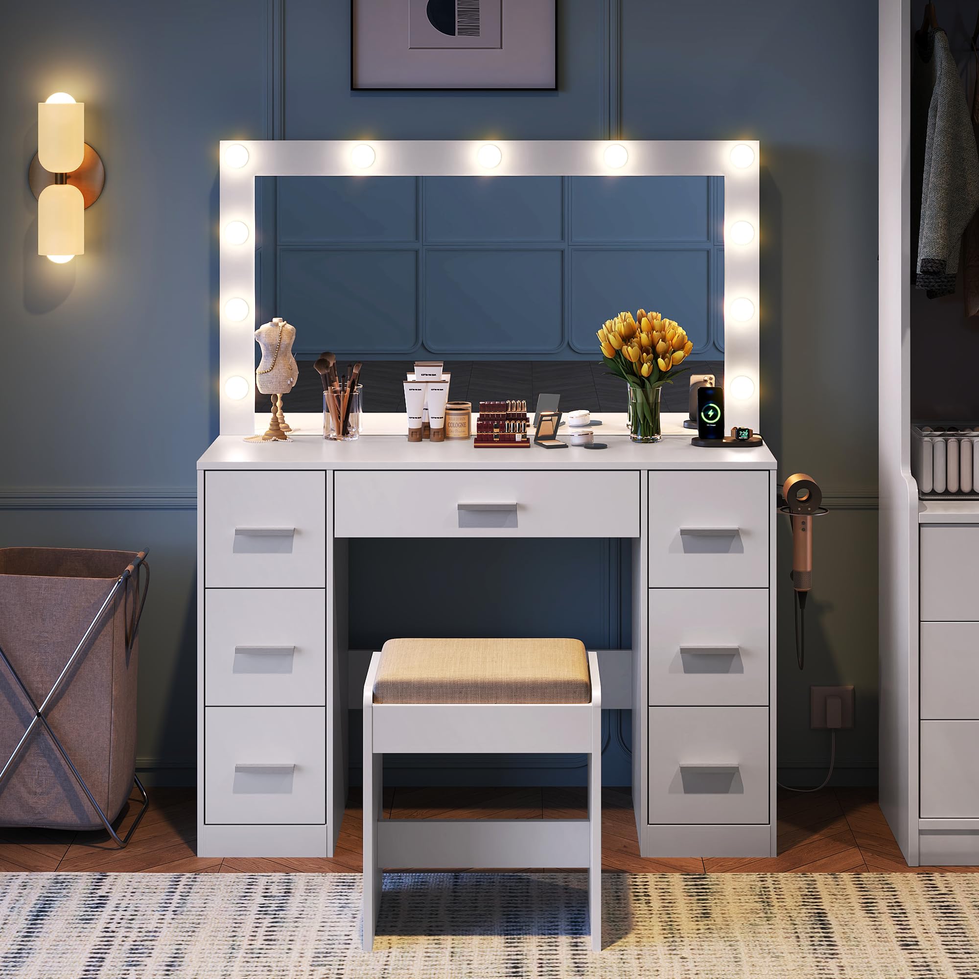 WLIVE White Vanity Desk with Chair, Adjustable Mirror and 3 Color Lights