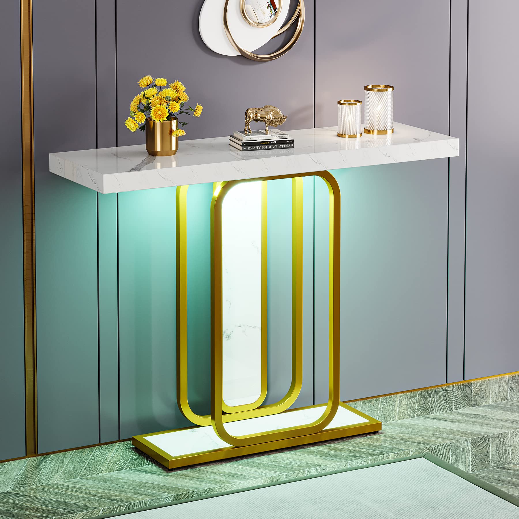 Tribesigns Modern Gold White Console Table with LED Lights, 41.3 Inch Entryway Hallway Foyer Accent Table with Faux Marble Veneer for Living Room, Entrance