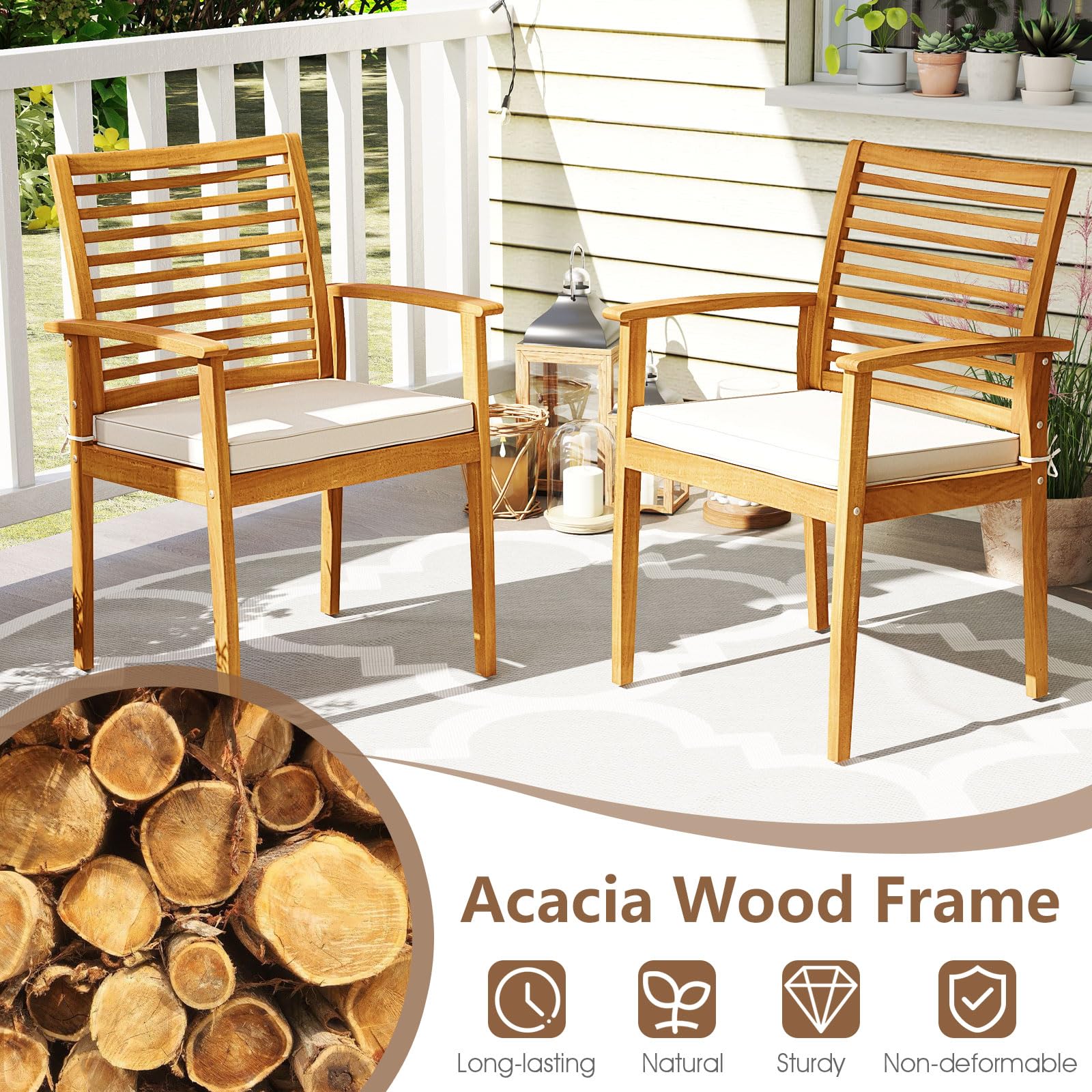 Tangkula Acacia Wood Patio Chairs Set of 4, Wood Outdoor Dining Chairs w/Removable Padded Cushion, Slatted Backrest, 400 LBS Weight Capacity, Balcony Furniture for Deck, Poolside, Yard, Garden