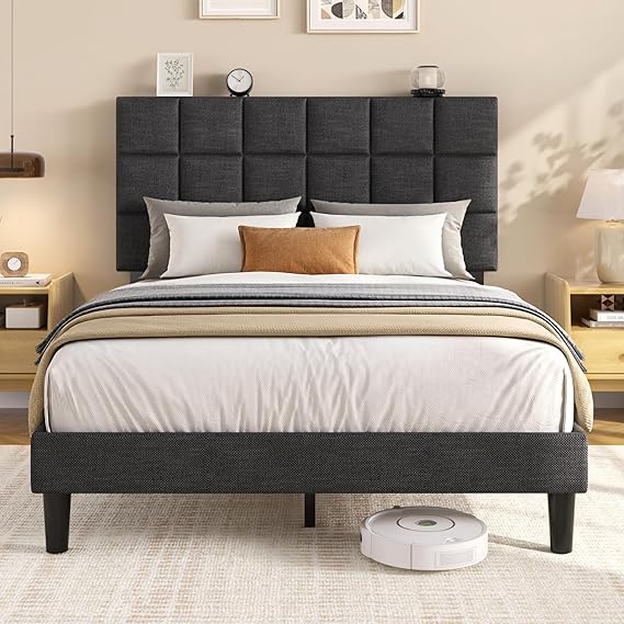 Upholstered Platform Bed Frame with Adjustable Headboard