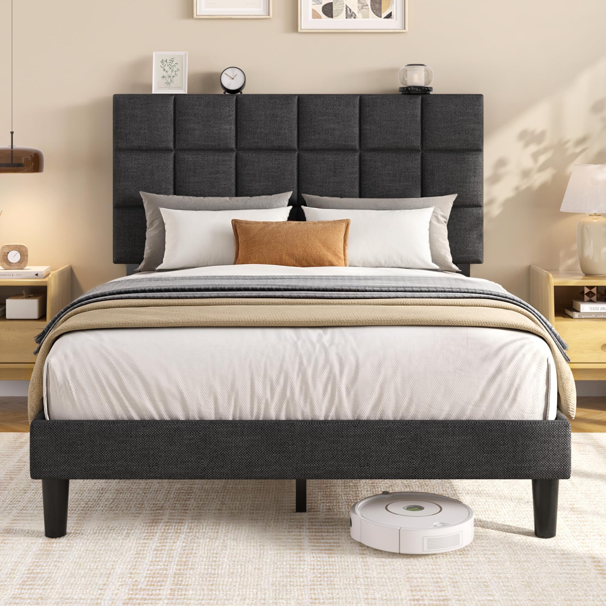 Platform Bed Frame with Adjustable Upholstered Headboard