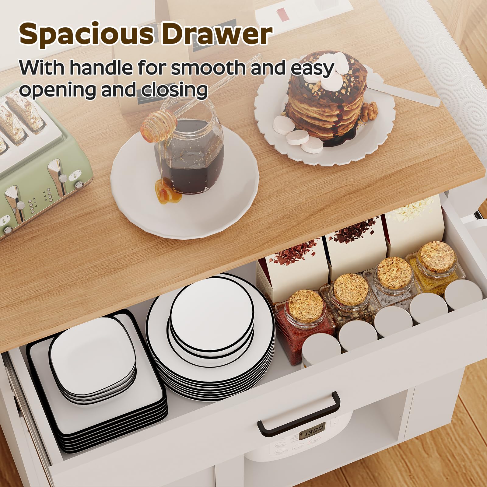 YATINEY Kitchen Island with Storage, Mobile Kitchen Cart with Charging Station, Kitchen Island on Wheels, Rolling Island Table with Sliding Cabinet Door, White and Natural ZD01UWN