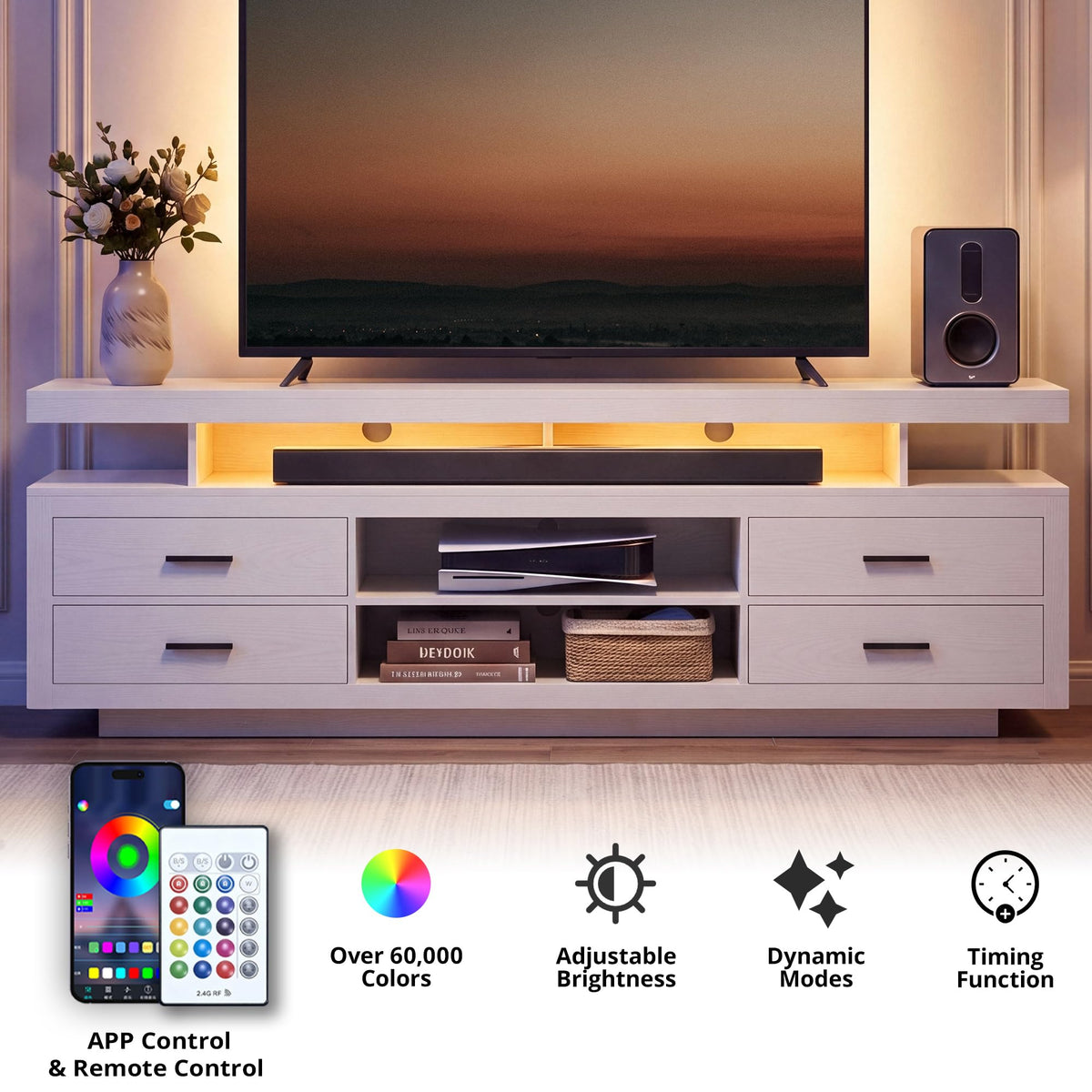 IRONCK 70" TV Stand for TVs up to 80", LED Entertainment Center, White