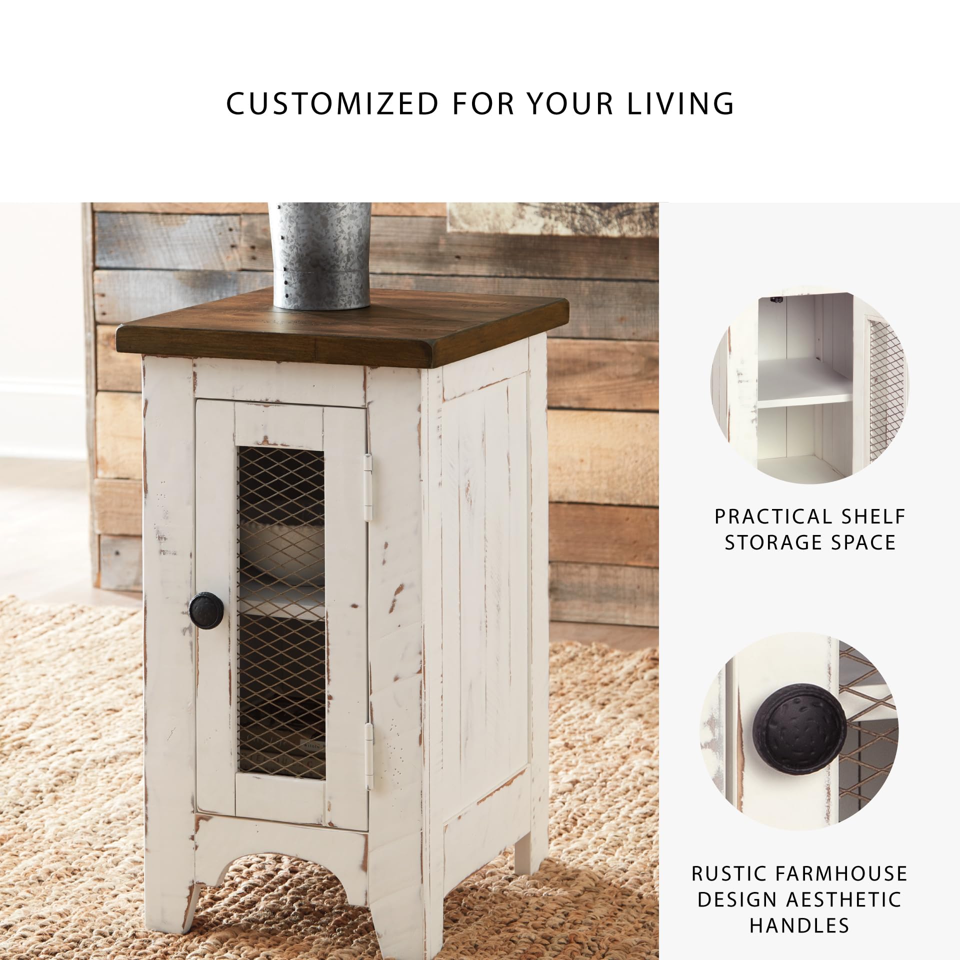 Farmhouse Chairside End Table with Cabinet Door & Metal Grill