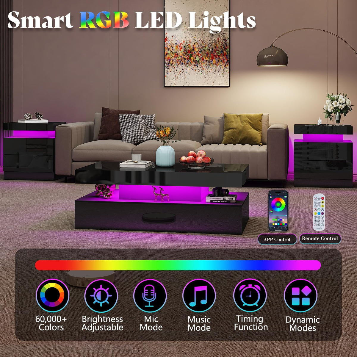 AMERLIFE 3-Piece High Gloss Living Room Table Set with LED Lights, Modern Coffee Table and 2 Side Tables, 2-Tier Center Table with Storage, Black Nightstands with Charging Station