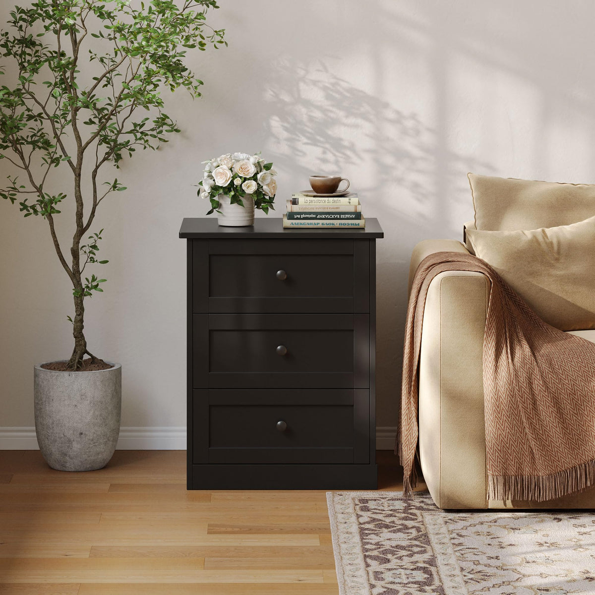 wanan Nightstand Set of 2 with Hidden Drawer, Black