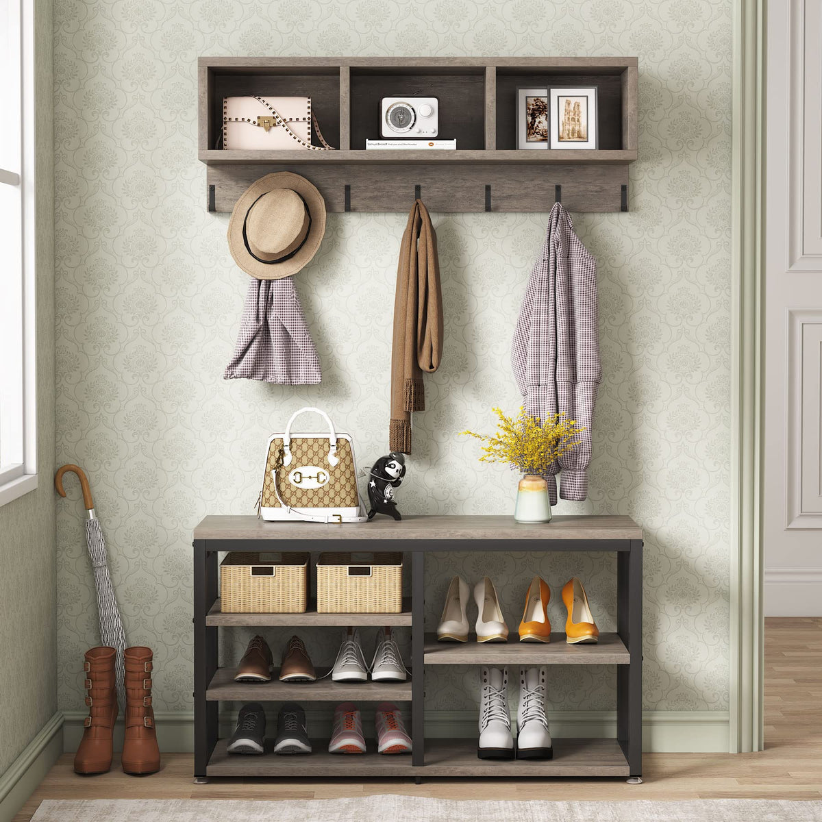 Industrial Coat Rack & Shoe Bench Set