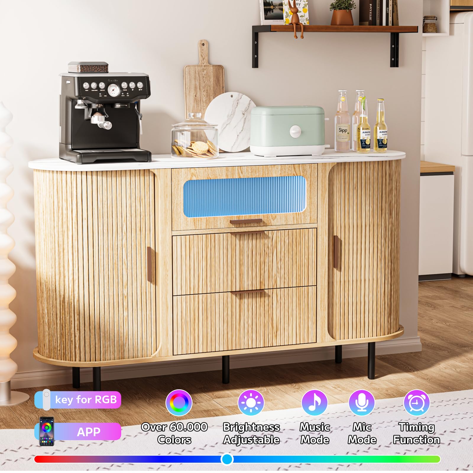 Cychuily 54" Fluted Sideboard Buffet Cabinet with Storage, Mid Century Coffee Bar with LED Light & Slide Doors, 2 Drawers, Modern Storage Cabinet for Kitchen, Living Room, Faux White Marble Top, Oak