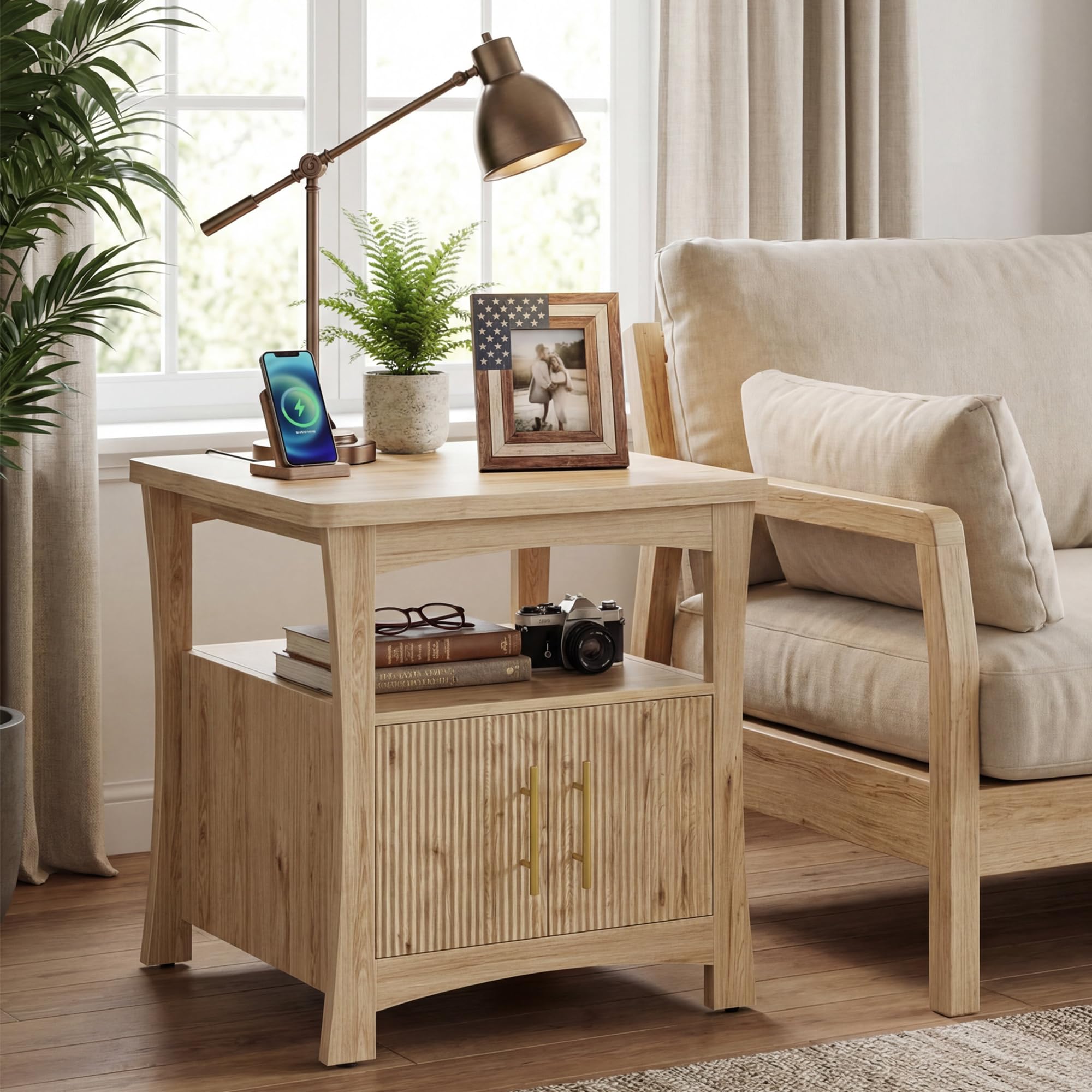 LIKIMIO Nightstand with Charging Station, Wood Night Stand, 23.6inch Large Bedside Table with Storage, End Table for Bedroom, Oak