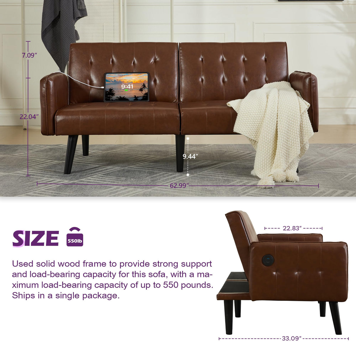 Convertible Futon Sofa Bed with USB