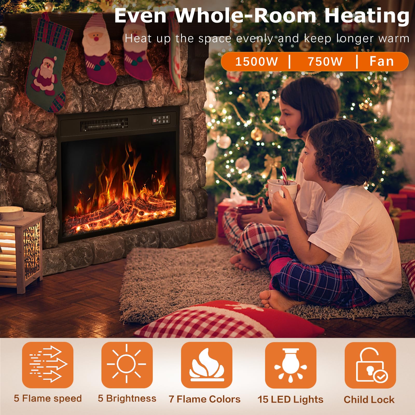 PUKAMI Electric Fireplace with Mantel, Freestanding Stone Fireplace Heater TV Stand with Remote Control, Realistic Flame Effect and 3D Log, 750W/1500W (36 inch)