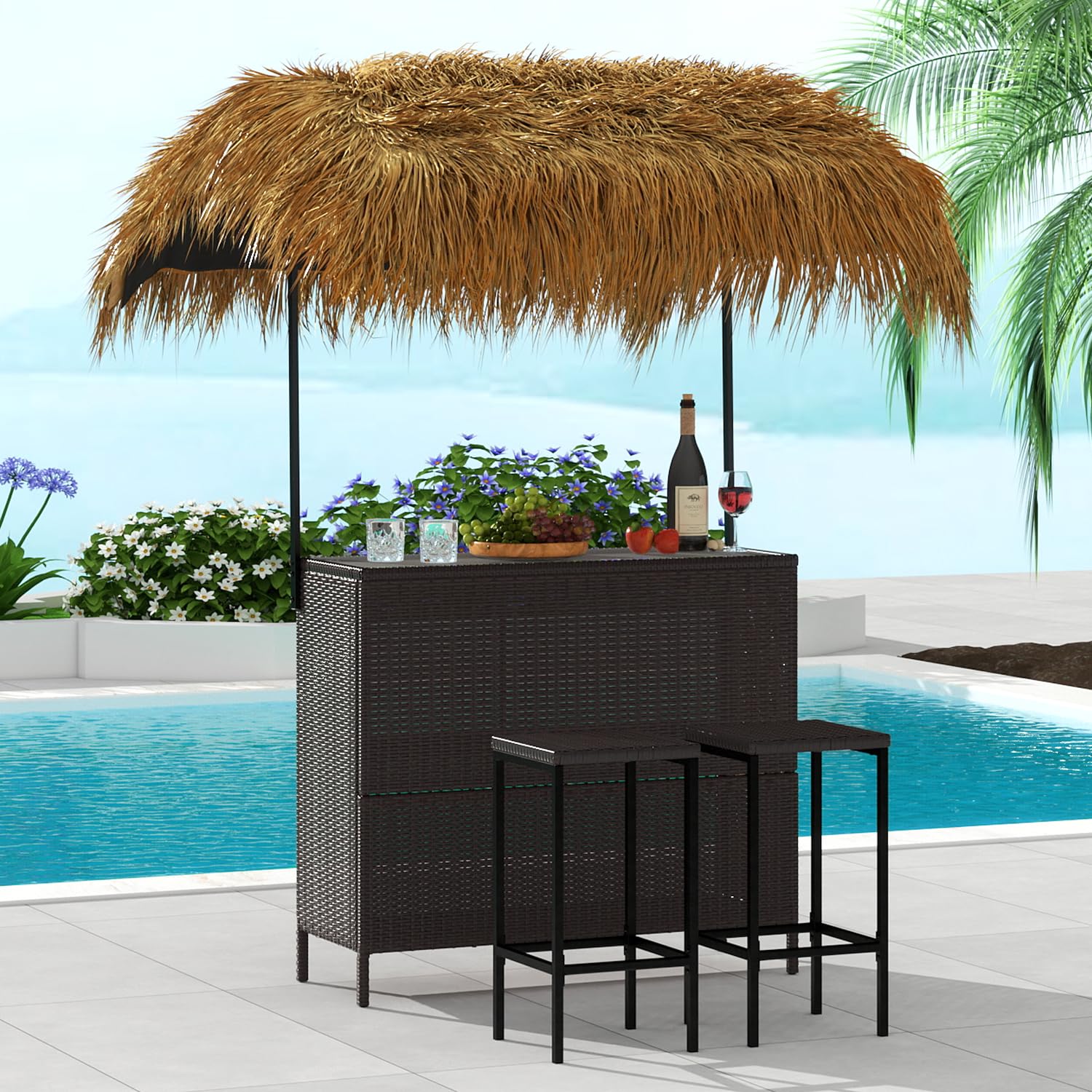 Vikiullf Outdoor Tiki Bar Set, 3 Pieces Wicker Patio Bar Set with Height Stools, Wicker Islander Tiki Bar and 2 Stools Storage for Garden