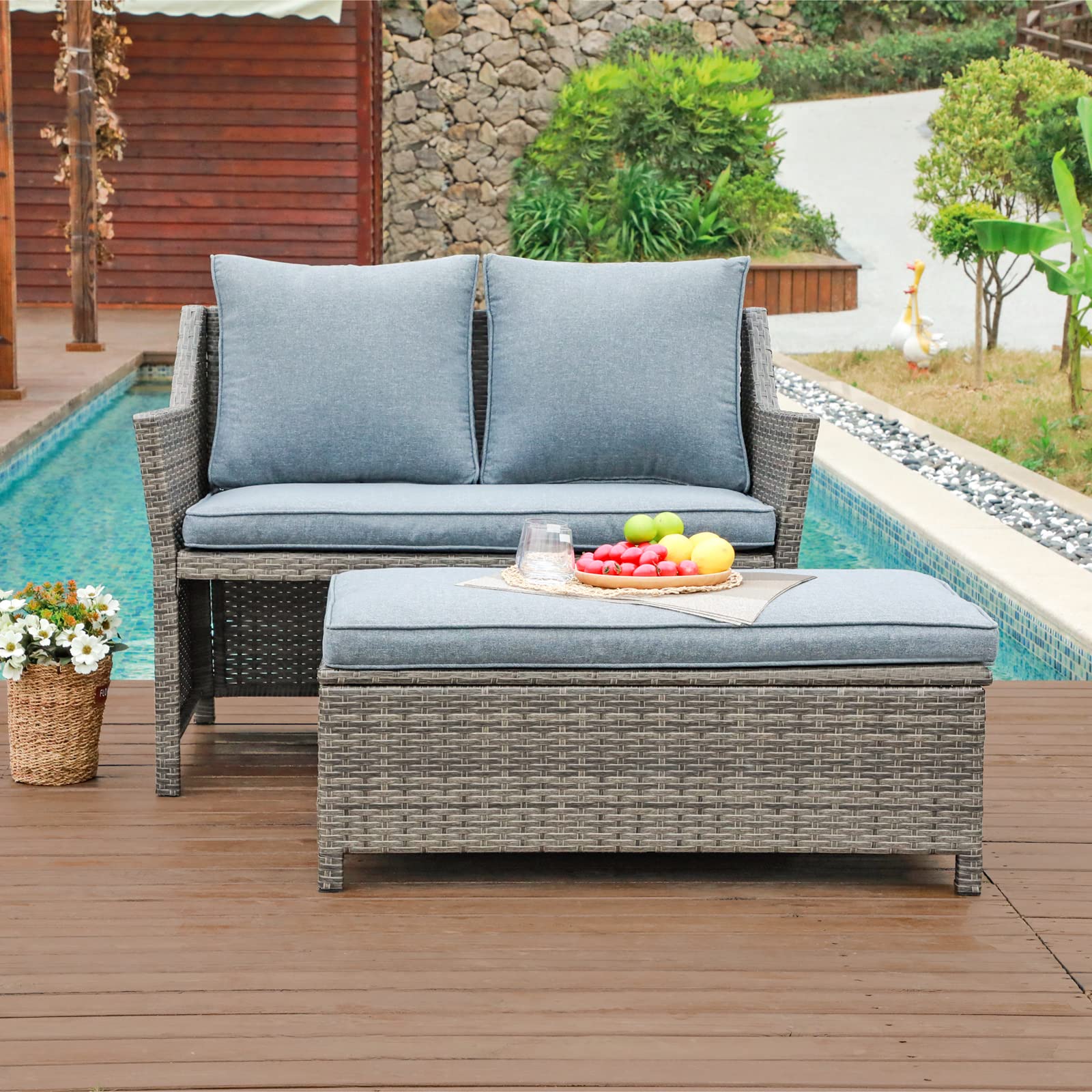 2-Piece Outdoor Wicker Loveseat & Coffee Table Set with Storage