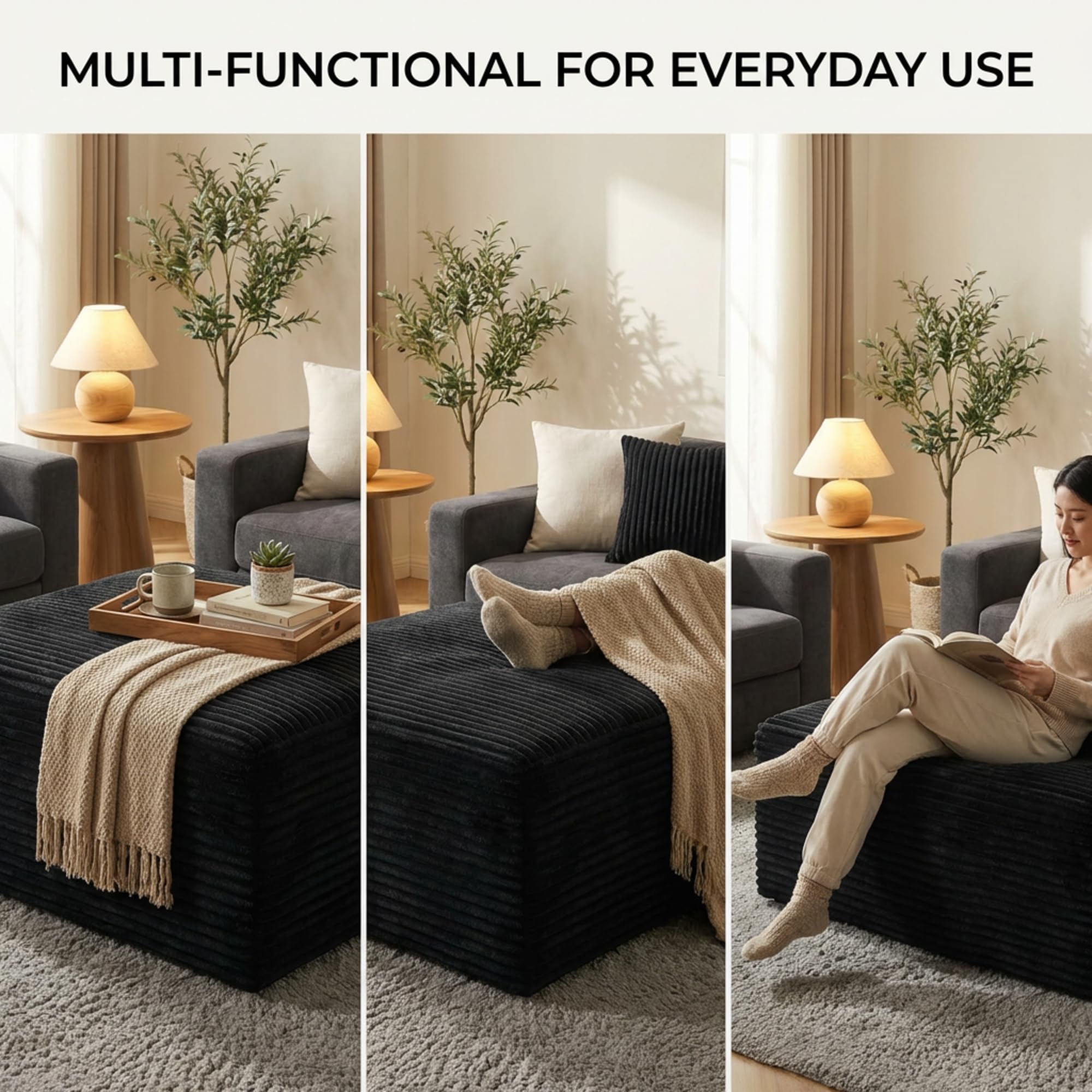 NMXUXMN Oversized Boneless Ottoman for Living Room – Plush Square Corduroy Upholstered Couch Ottoman, Modern Low-Profile Footrest for Sectional & Modular Sofa-Black