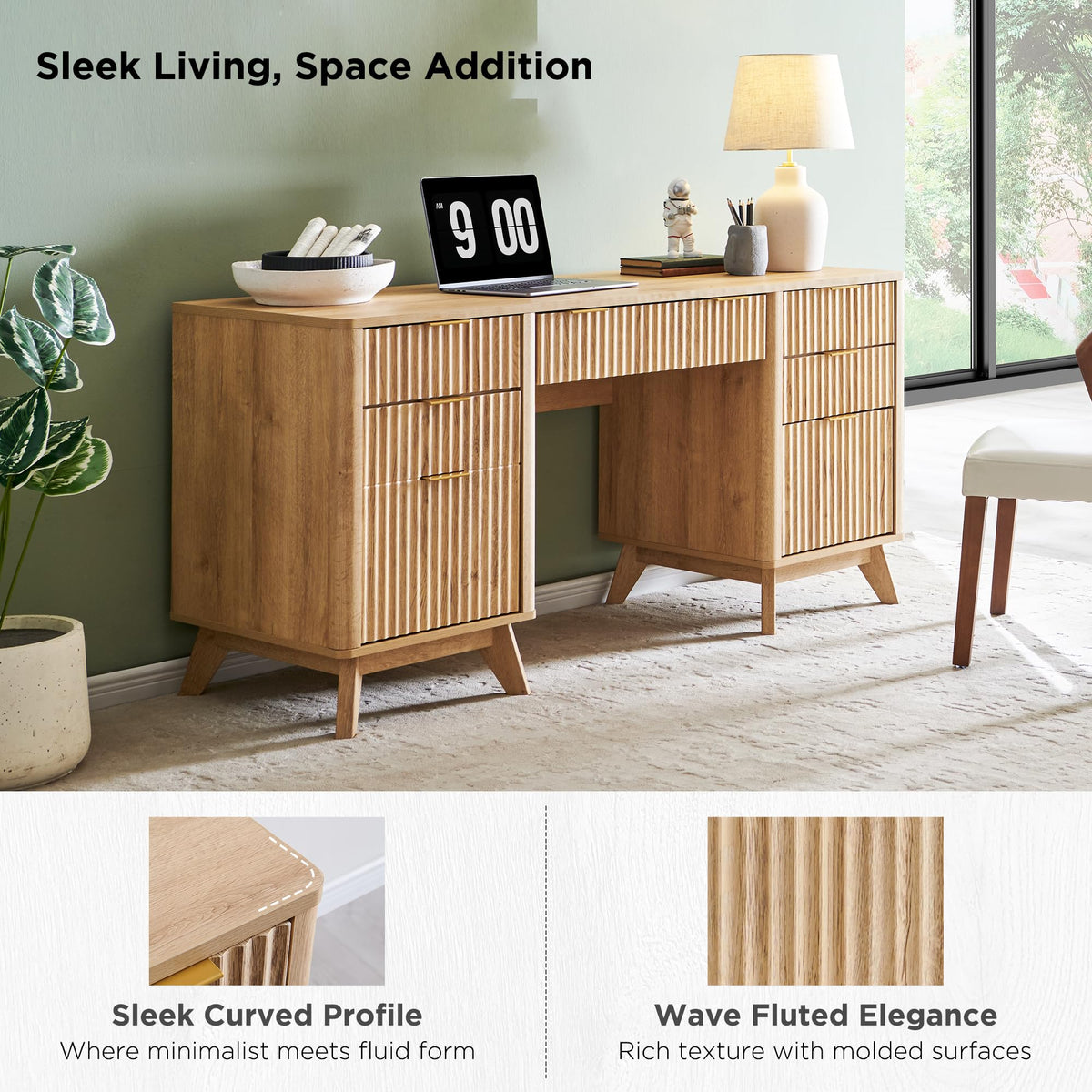 T4TREAM 60" Modern Fluted Executive Desk with Drawers, Natural Oak