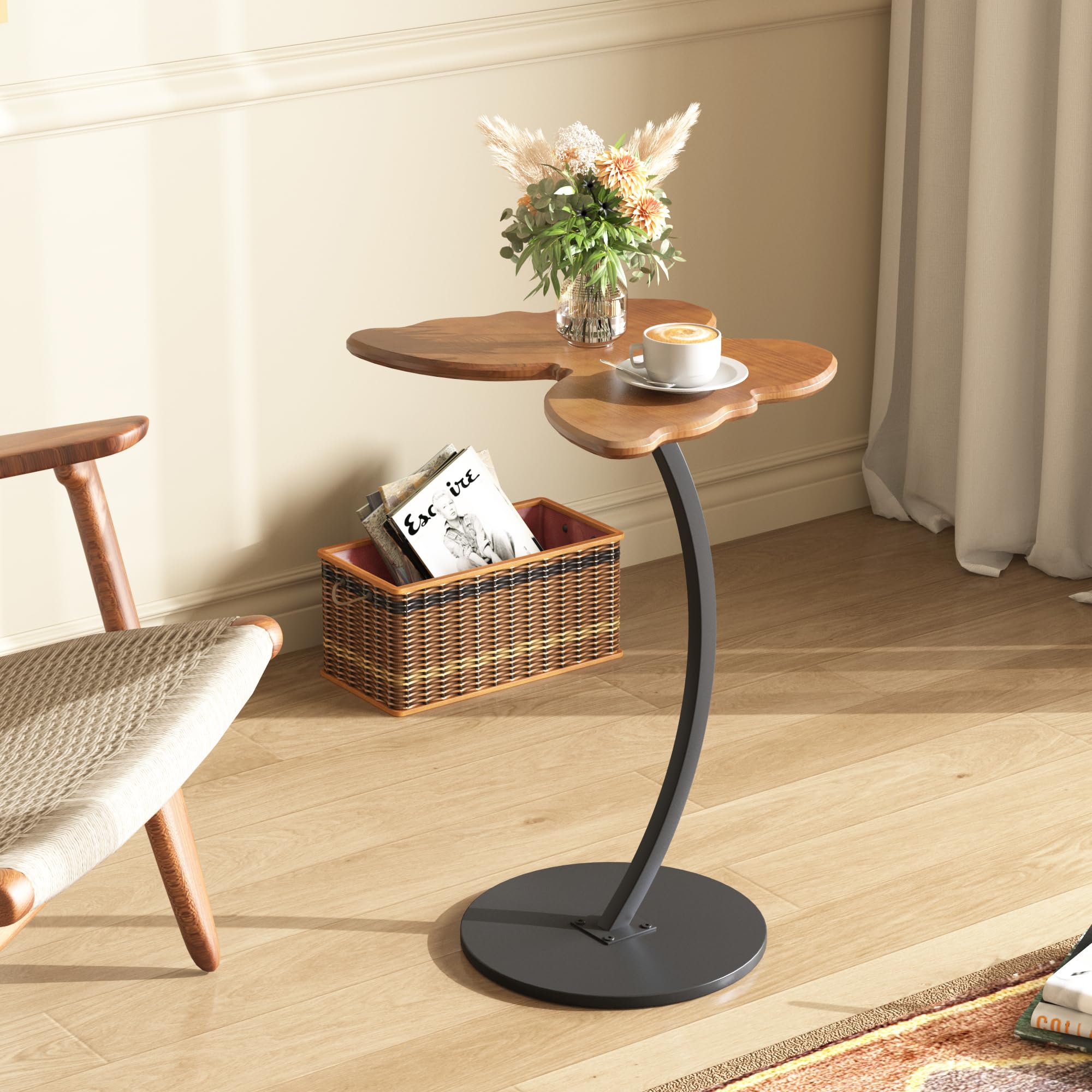 WFSRESTD Butterfly End Table, Solid Pine Wood Side Table with Black Metal C-Shaped Base, Rustic Accent Table for Living Room Bedroom, Walnut Finish, Easy Assembly