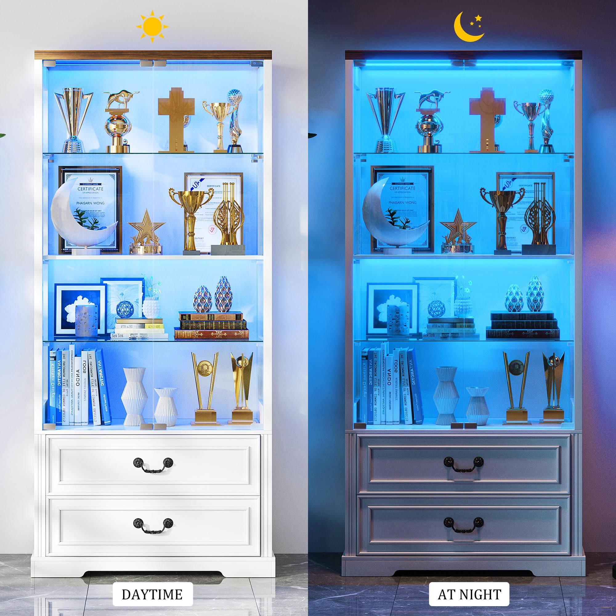 4-Tier Glass Display Cabinet with 2 Drawers, Tri-Color LED Sensor Lights & Pop-Up Door – 67"