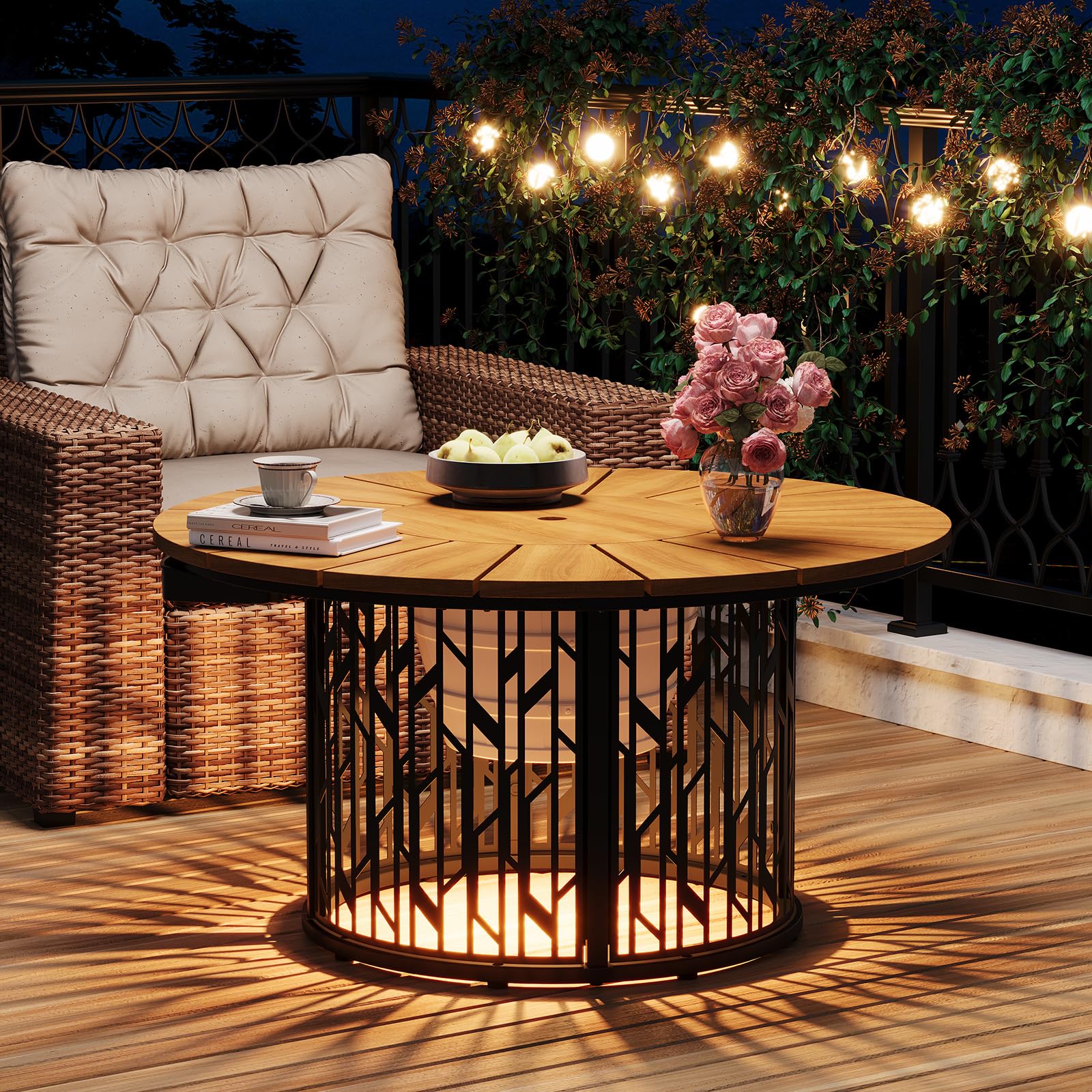 Solar Outdoor Coffee Table with Ice Bucket & LED Light