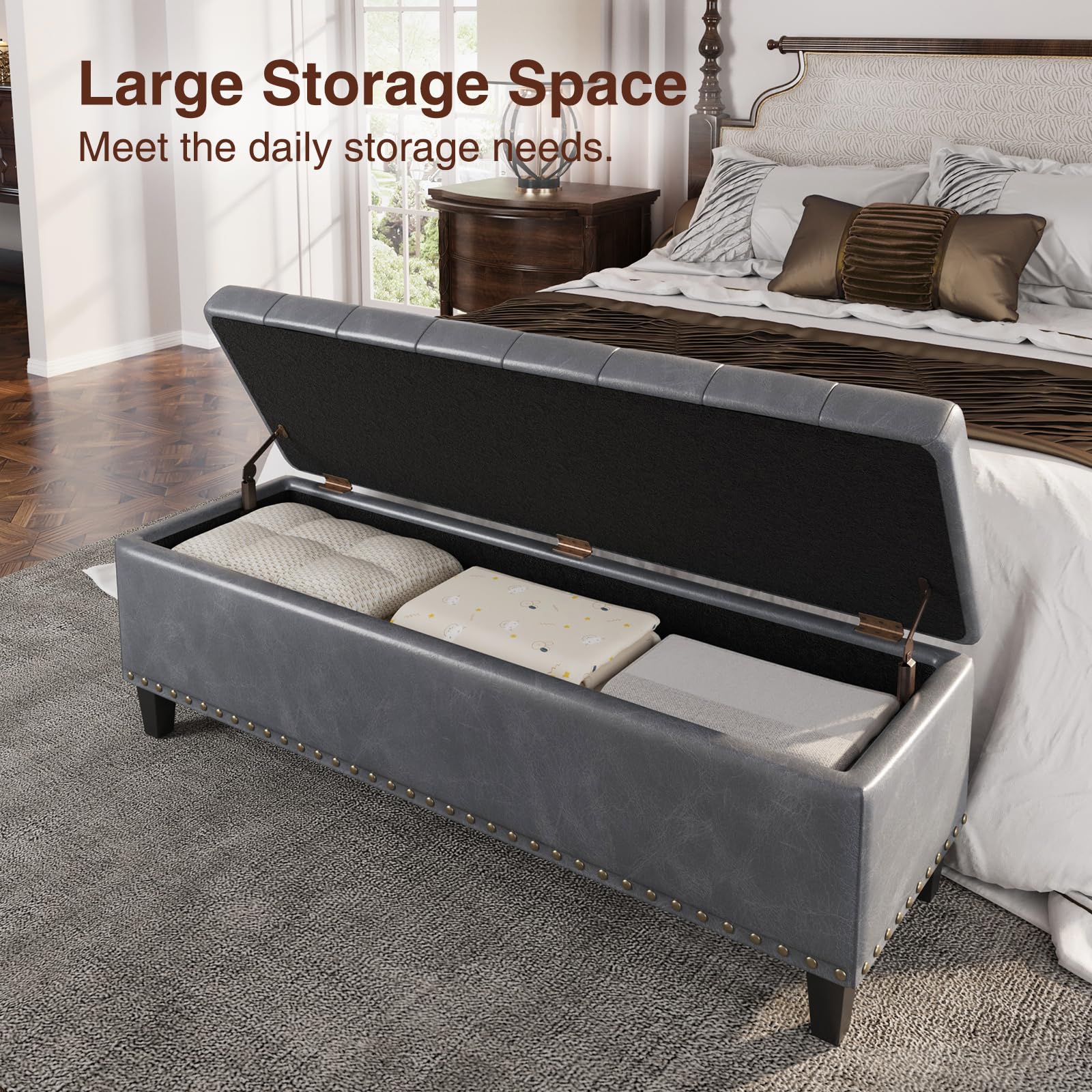 FiveWillowise Large Storage Bench, 51-Inch Ottoman for Bedroom End of Bed, 30 Gallons Faux Leather Bench for Bedroom, Living Room, Entryway, Hallway, Grey