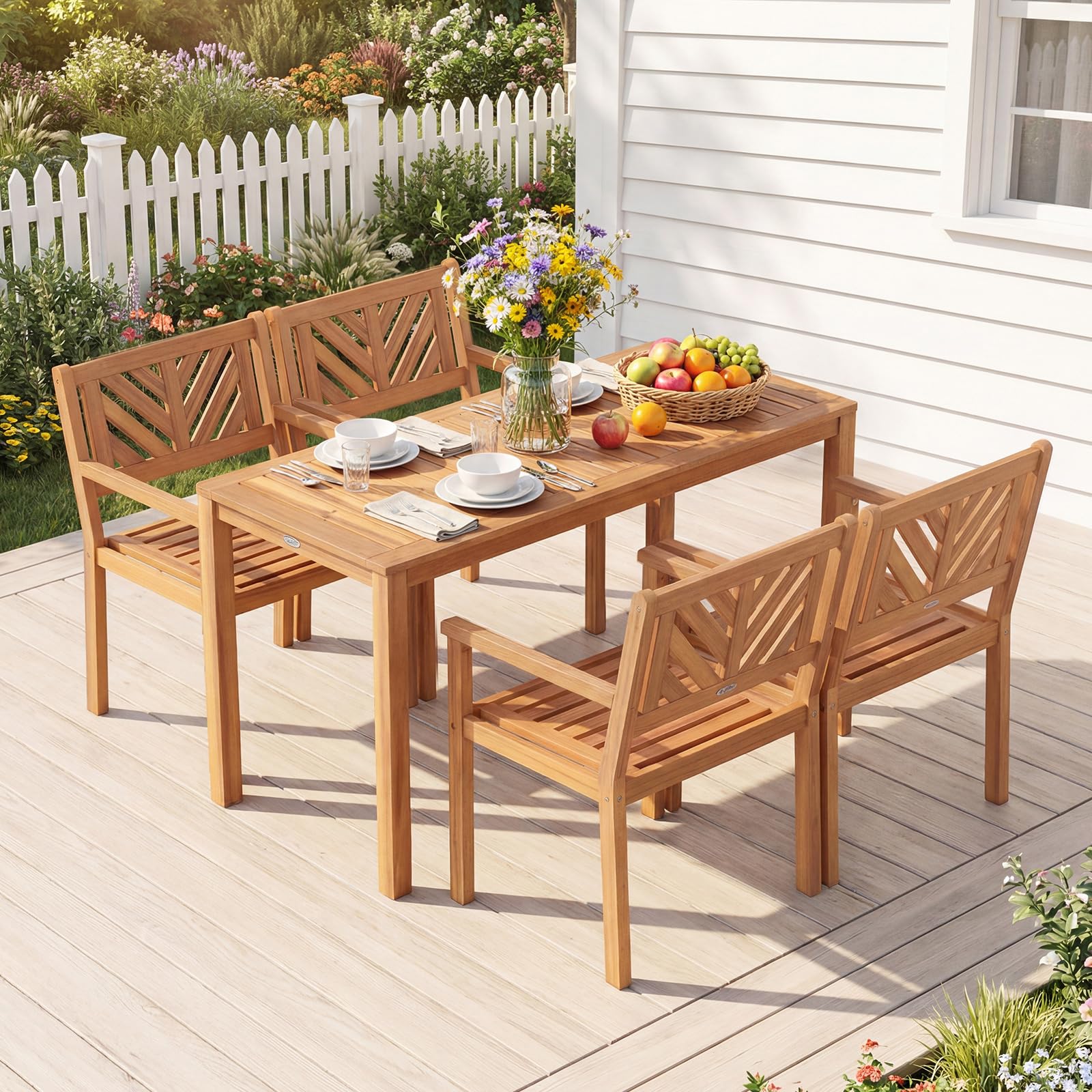 Tangkula Acacia Wood Patio Dining Chairs Set of 4, Outdoor Dining Chairs with 400 lbs Capacity, Teak Finish, Heavy-Duty Wooden Armchairs for Porch, Deck, Backyard & Balcony