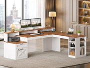 SEDETA L Shaped Desk with 2 Drawers, 65"x 59" Large Home Office Desk with Lockable File Drawer & Power Strip, Corner Desk with Storage & LED Strip, White + Brown