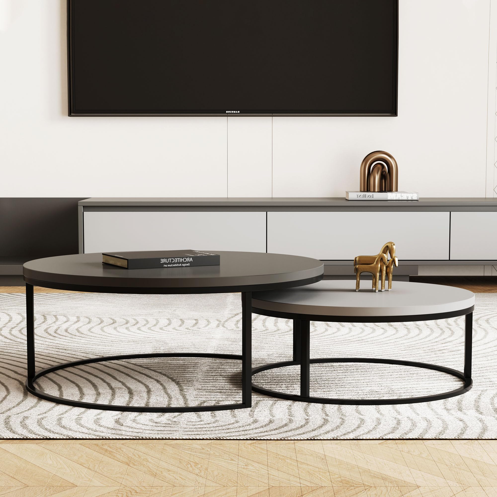 Round Nesting Coffee Table Set with Black Metal Legs