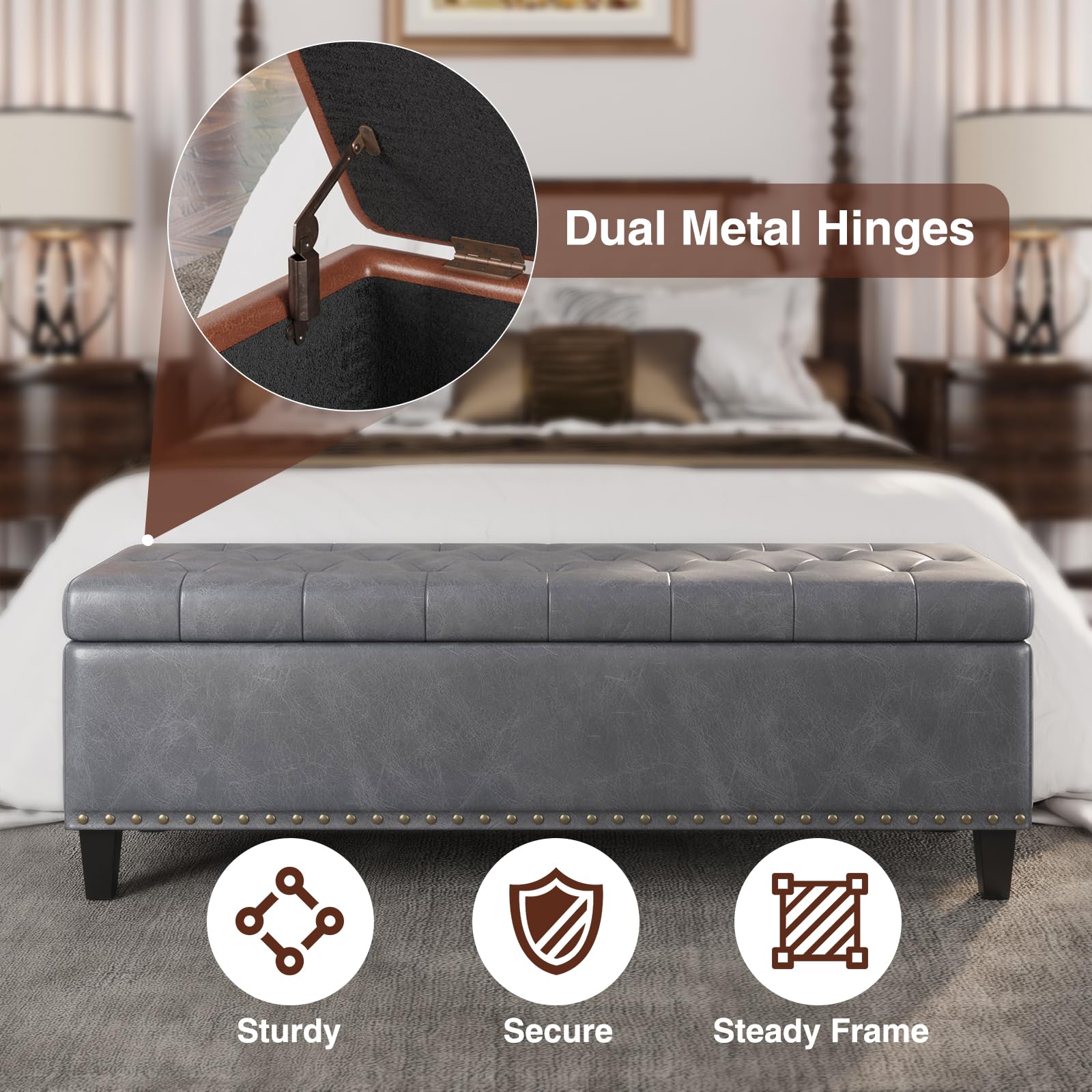 FiveWillowise Large Storage Bench, 51-Inch Ottoman for Bedroom End of Bed, 30 Gallons Faux Leather Bench for Bedroom, Living Room, Entryway, Hallway, Grey
